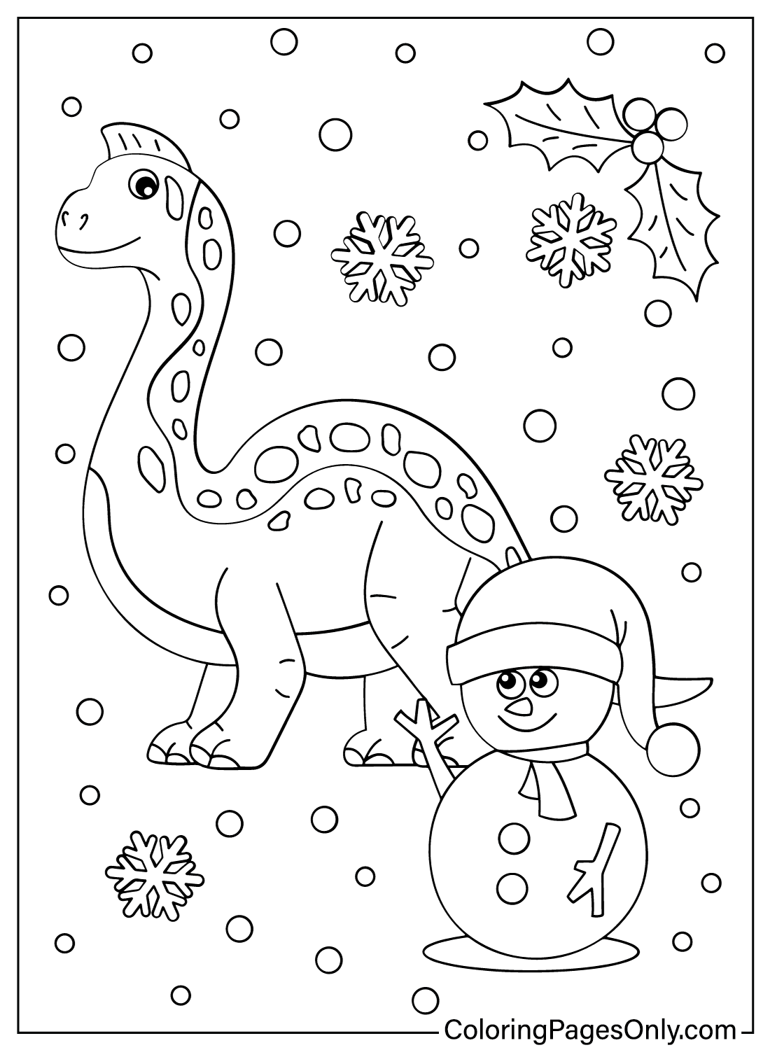 Бесплатная рождественская раскраска динозавра и снеговика