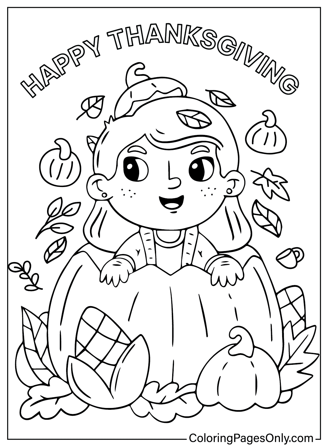 Desenho para colorir de menina Kawaii do Dia de Ação de Graças · Creative  Fabrica