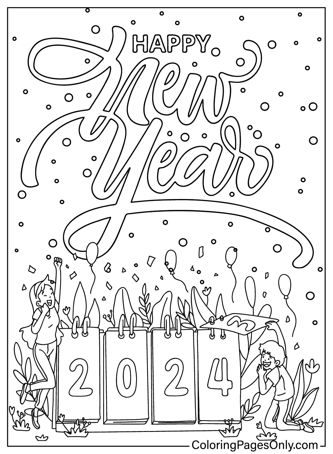 Happy New Year 2024 Coloring Page Free