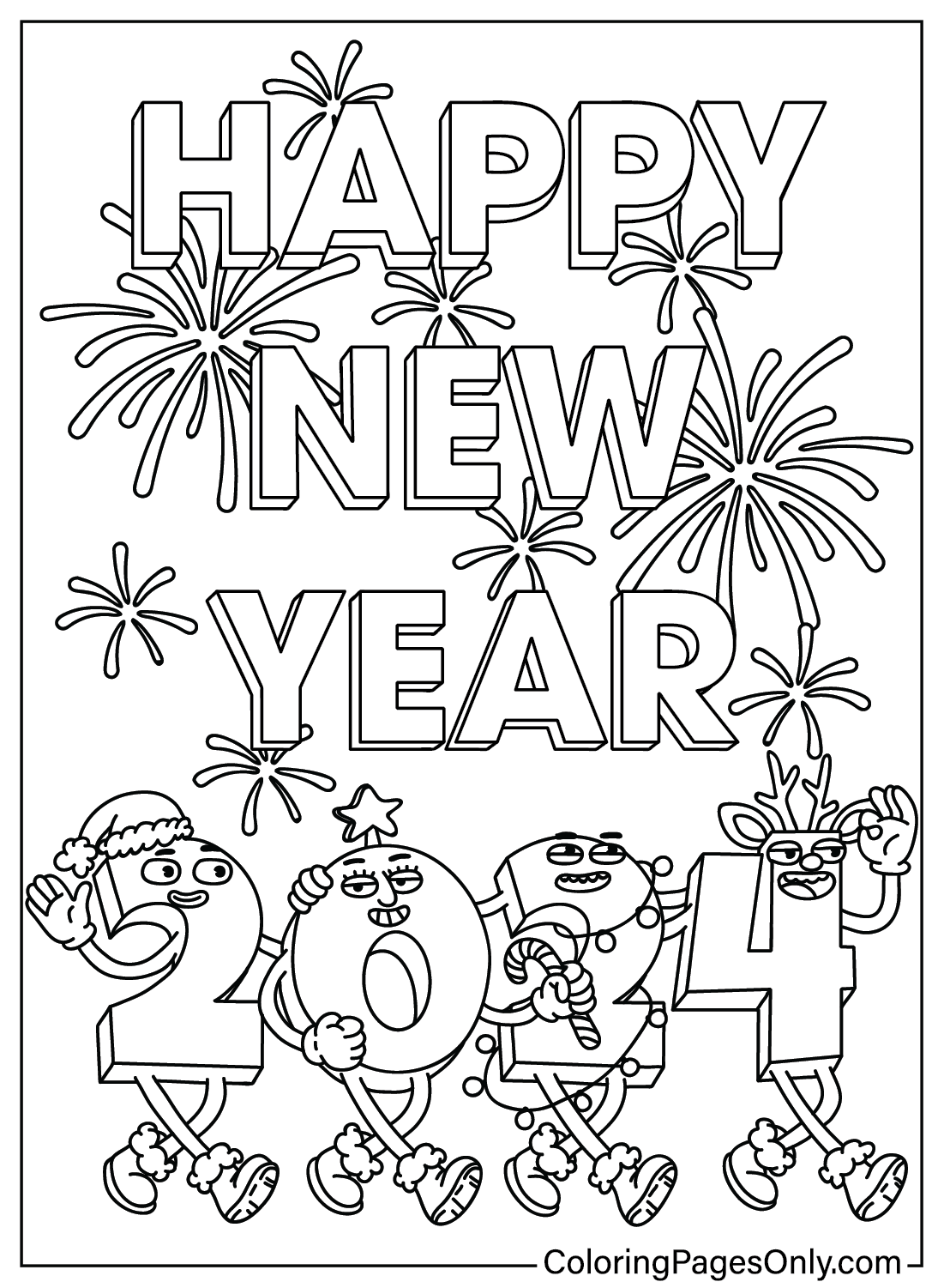 Happy New Year 2024 Free Coloring Page