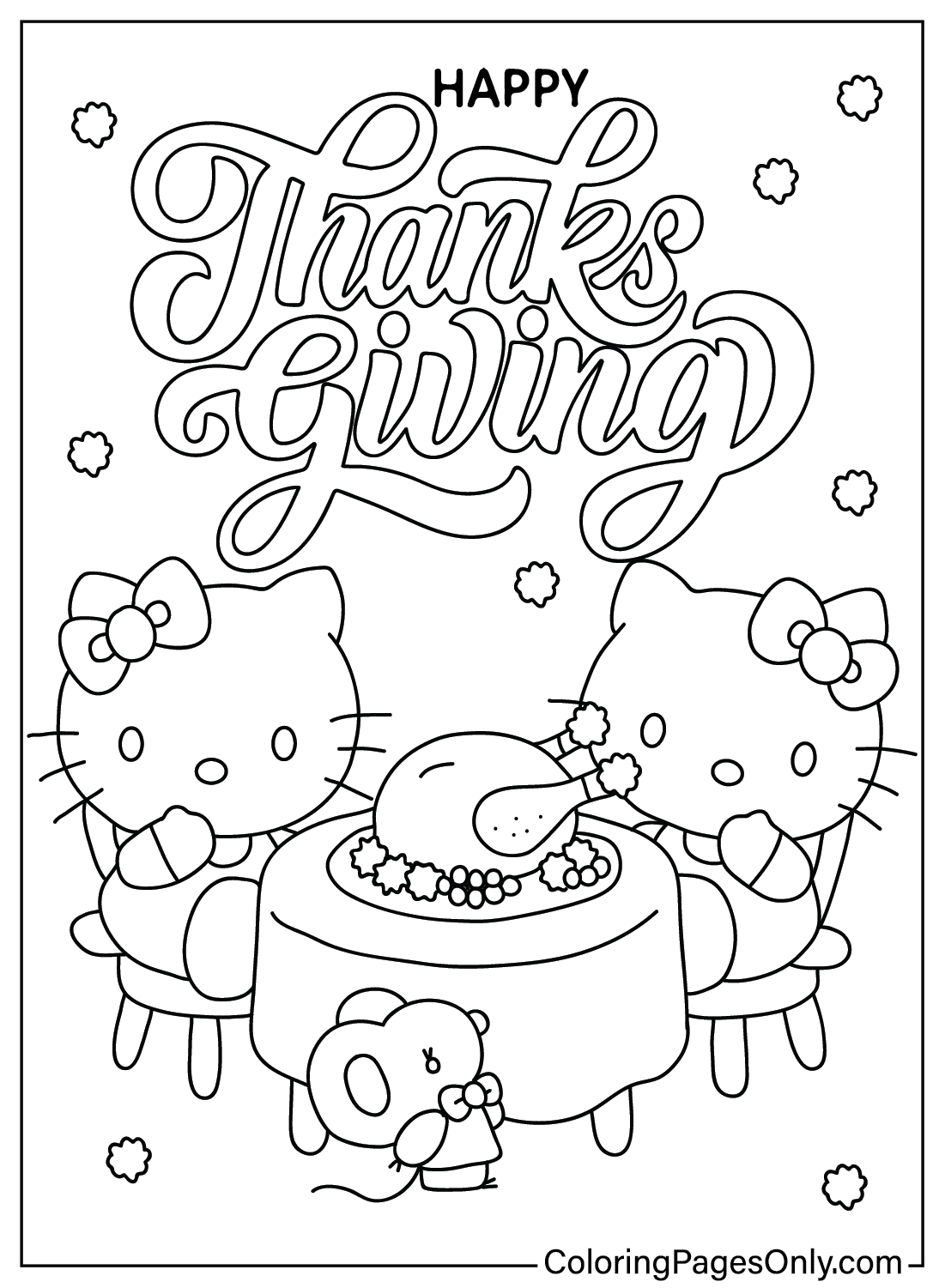 Página para colorir de Ação de Graças da Hello Kitty do desenho animado de Ação de Graças