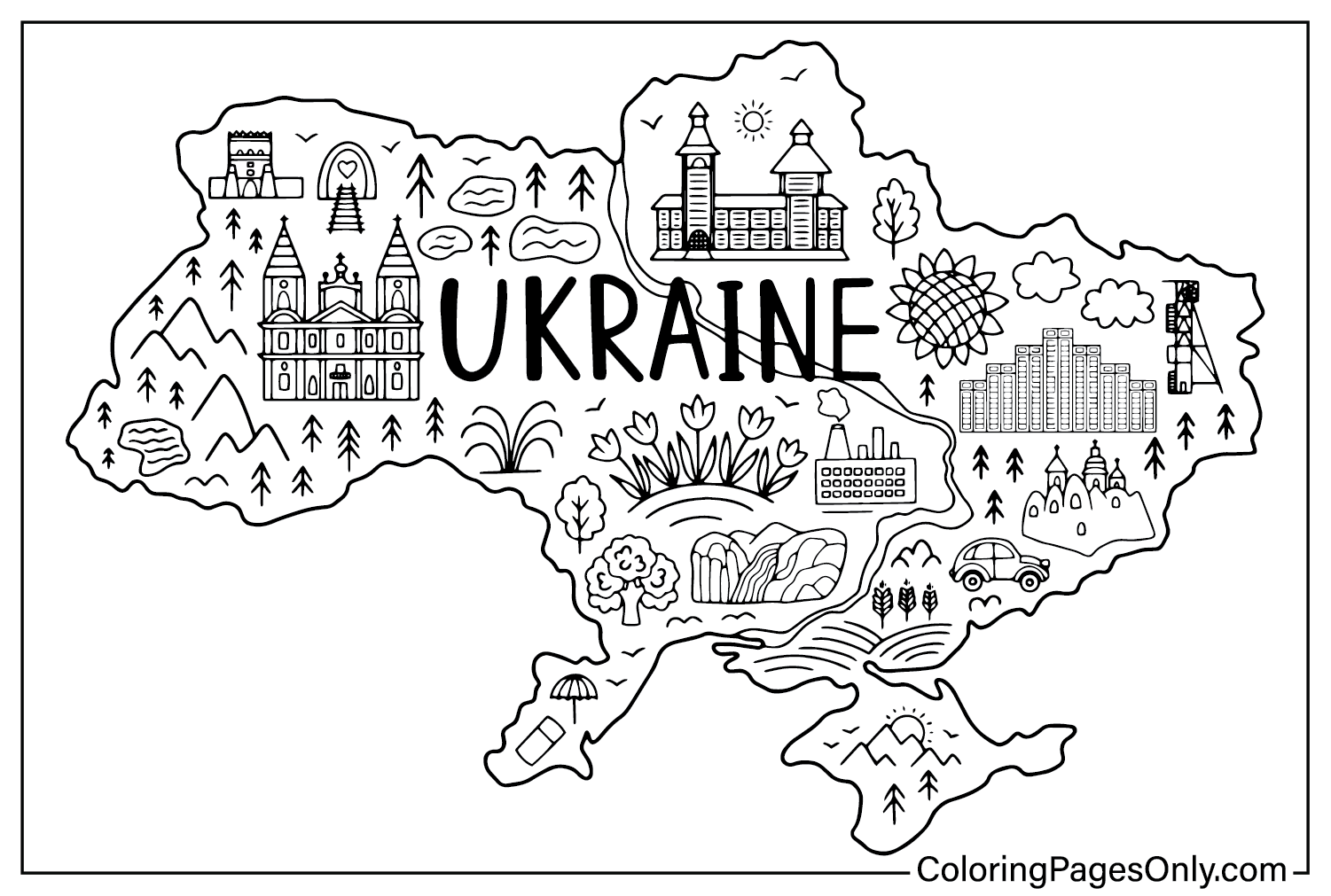 Mappa della pagina da colorare dell'Ucraina