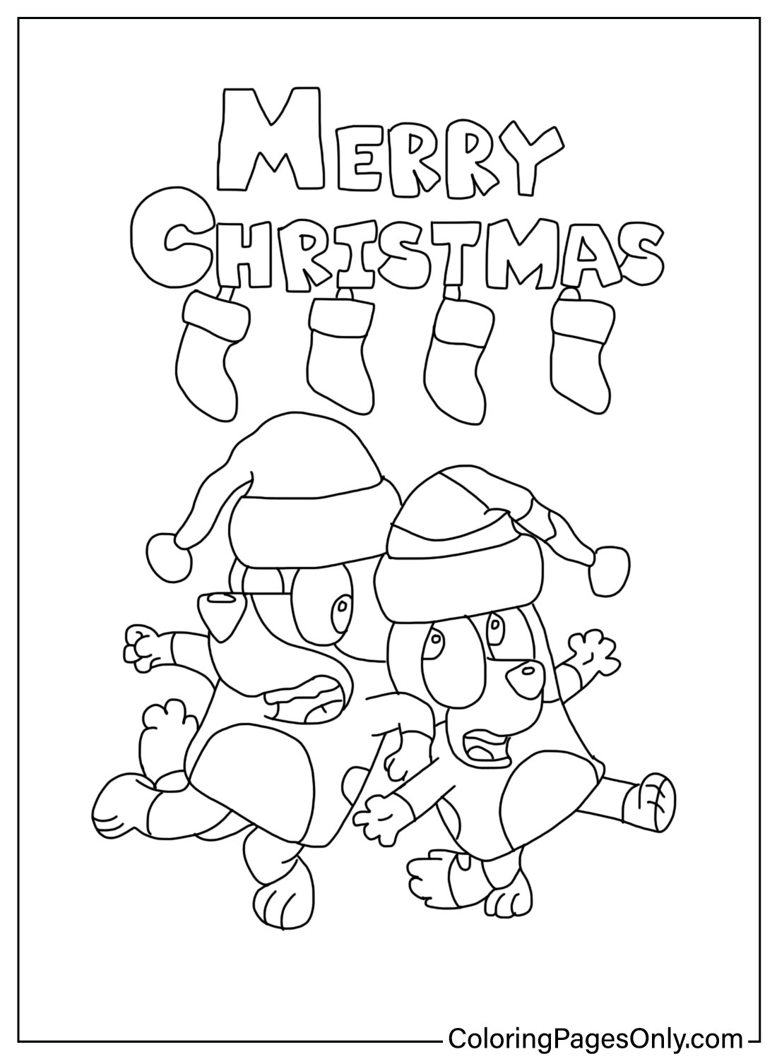 Página para colorir Feliz Natal Bluey Bingo do desenho animado de Natal