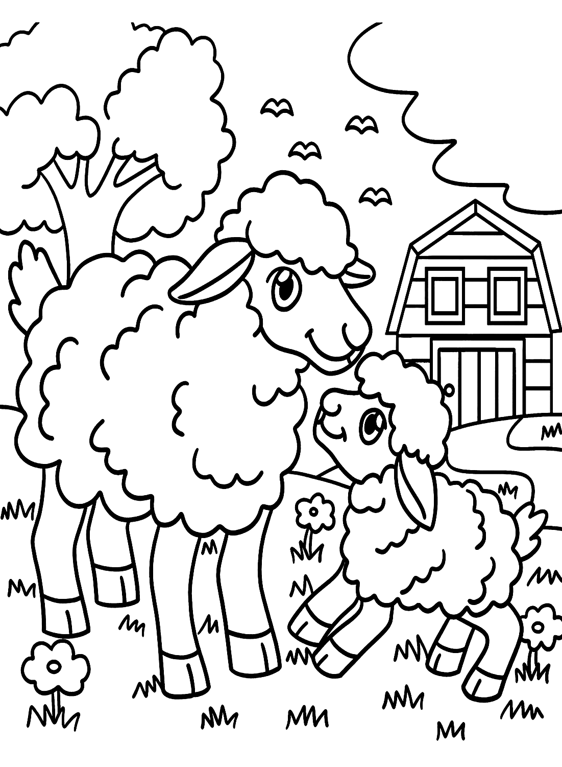 Mom Sheep and Baby Sheep Color Picture