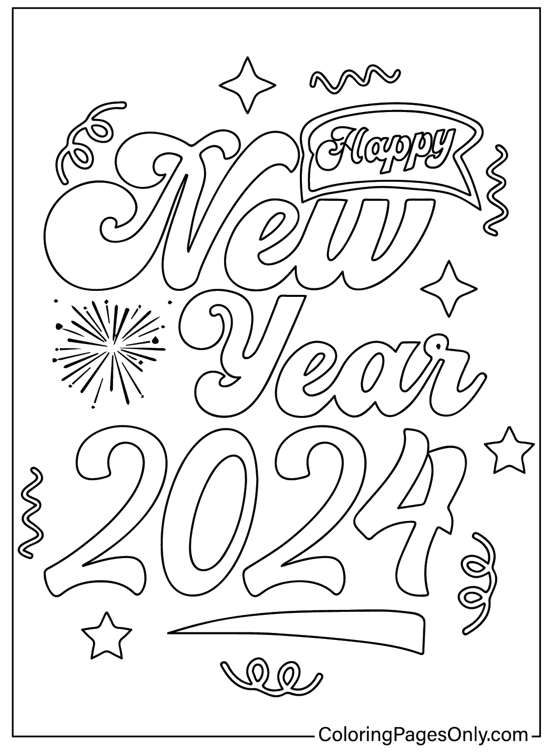 Afdrukbare gelukkig nieuwjaar 2024 kleurplaat van gelukkig nieuwjaar 2024