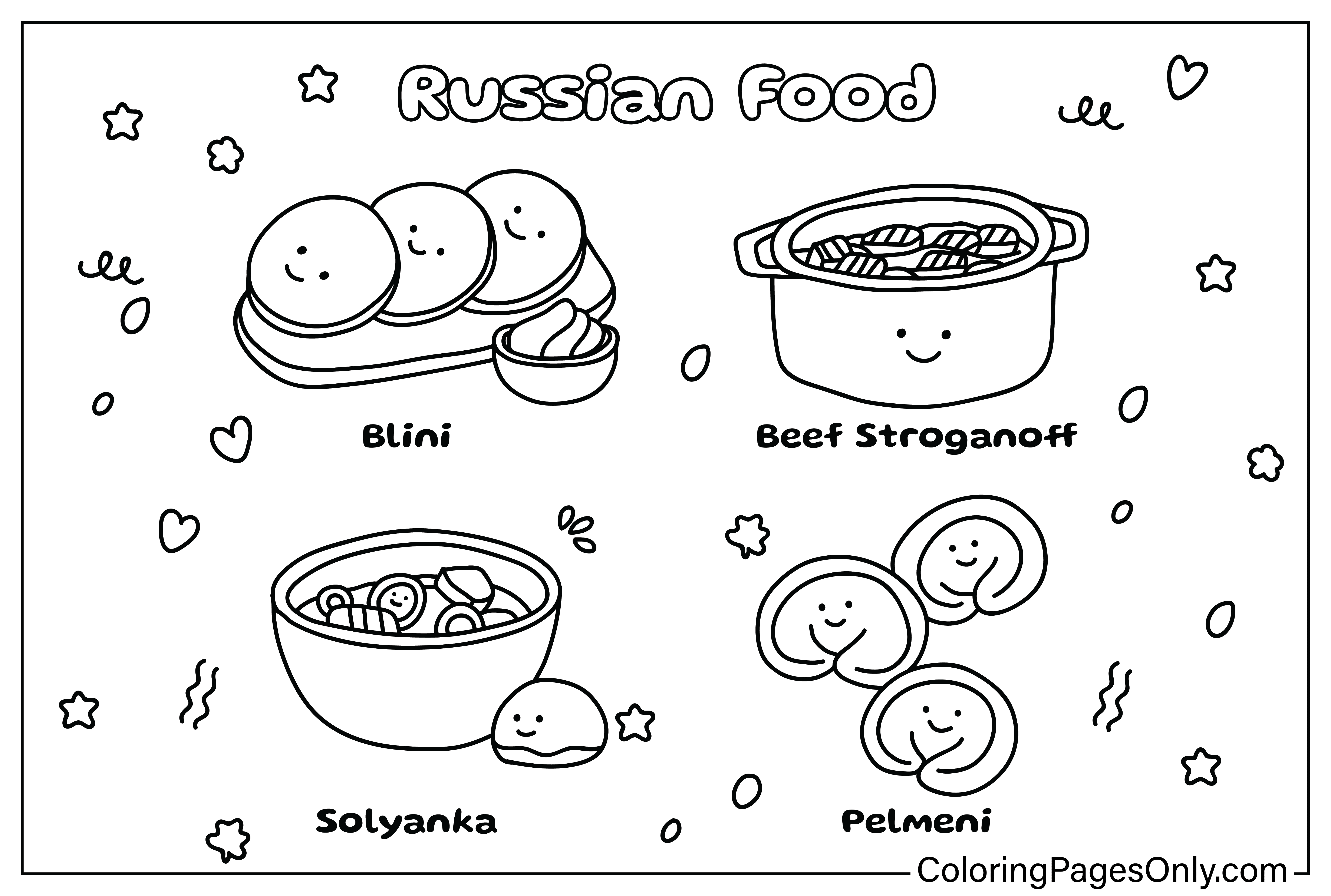 Página para colorir comida russa da Rússia