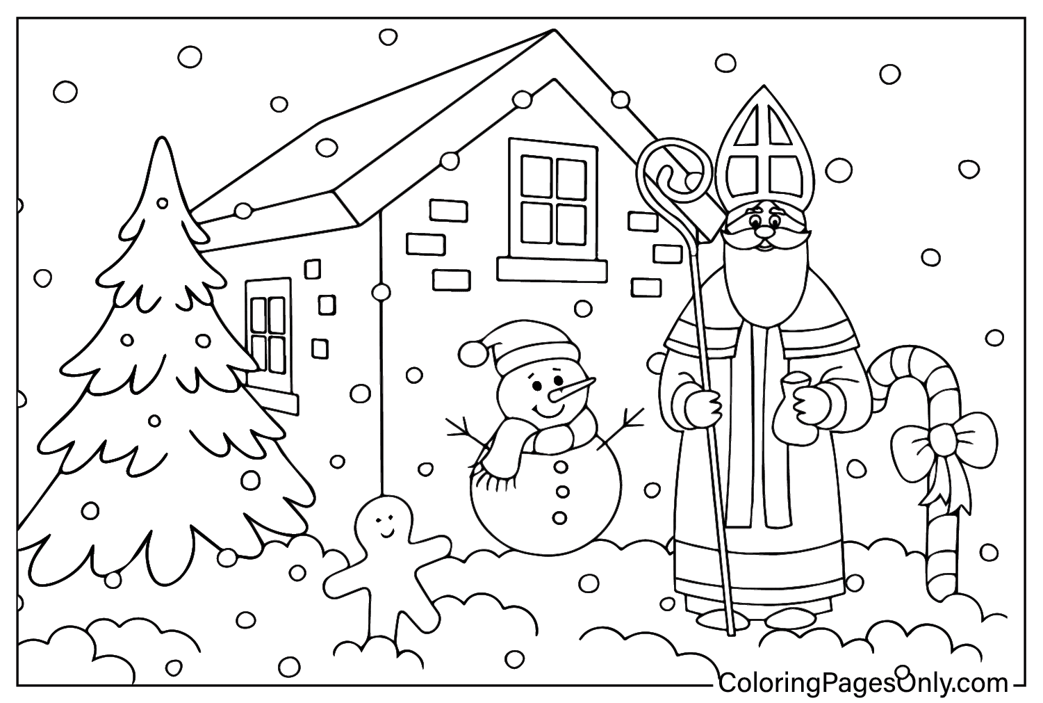 Pagina da colorare di San Nicola e il pupazzo di neve dal giorno di San Nicola