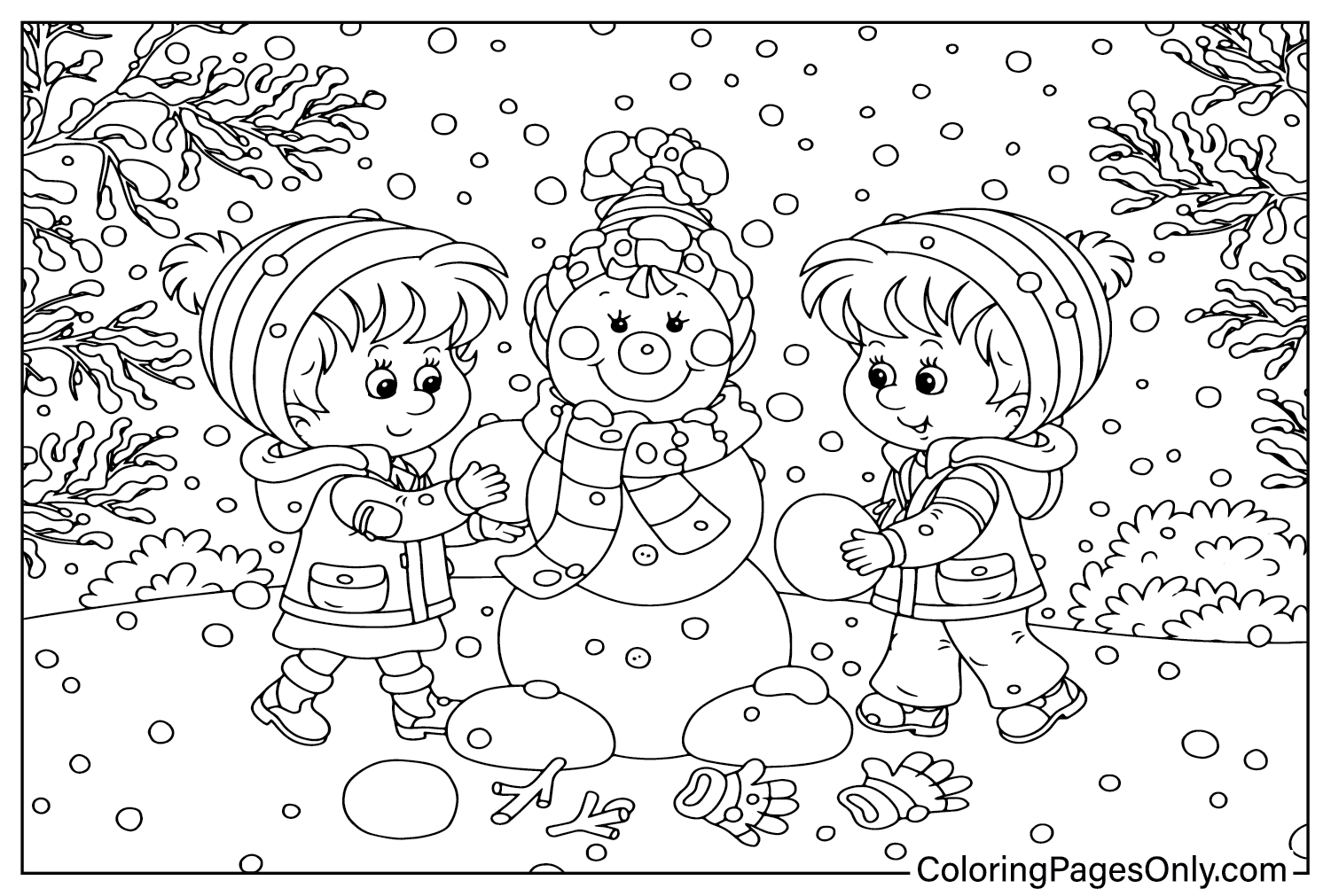 Pagina da colorare di inverno del pupazzo di neve