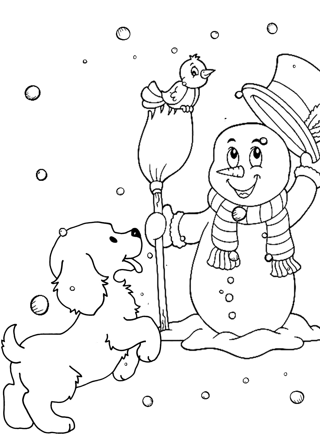 Página colorida de boneco de neve e cachorrinho