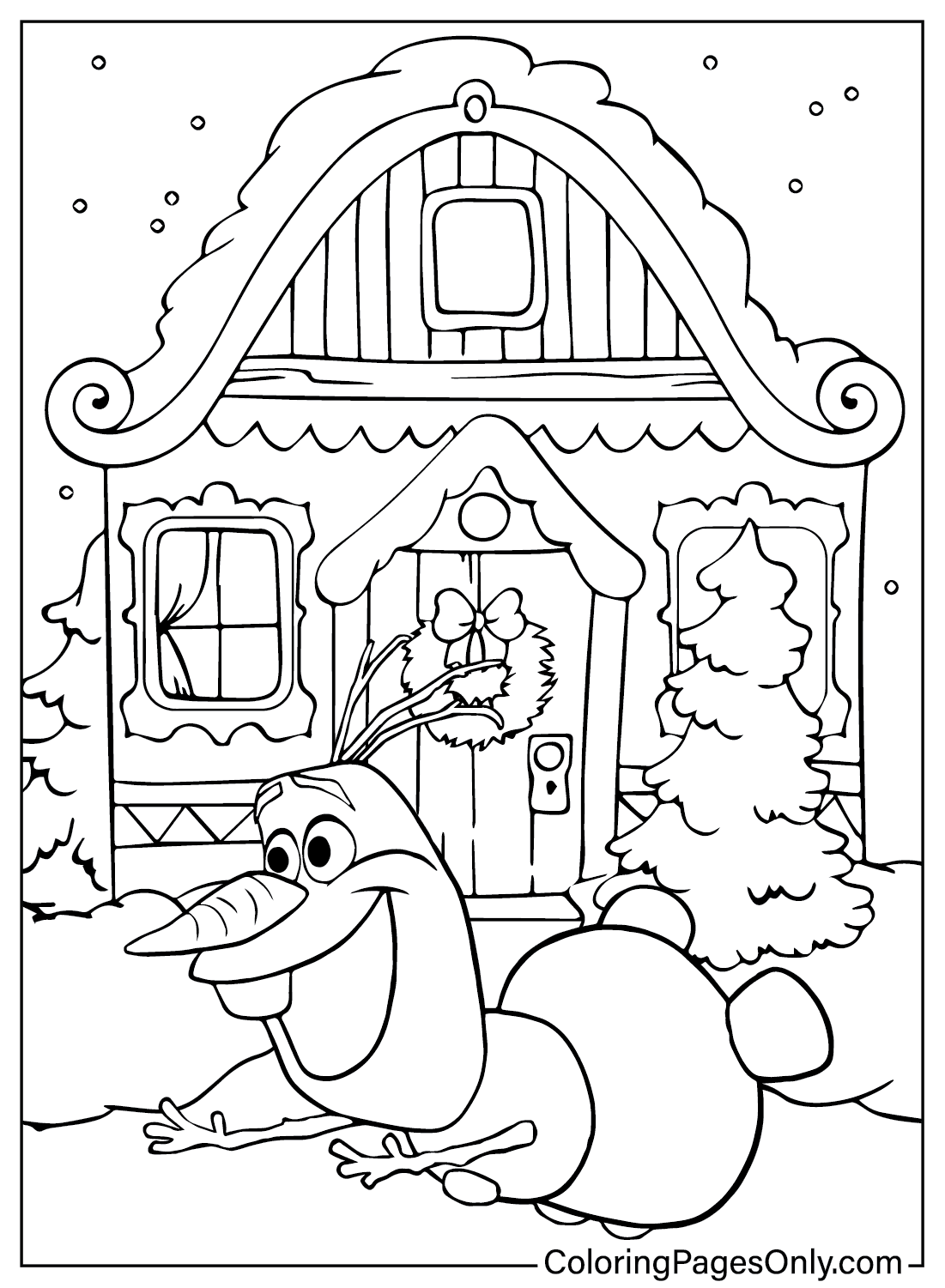 Pagina da colorare di pupazzo di neve e casa di marzapane