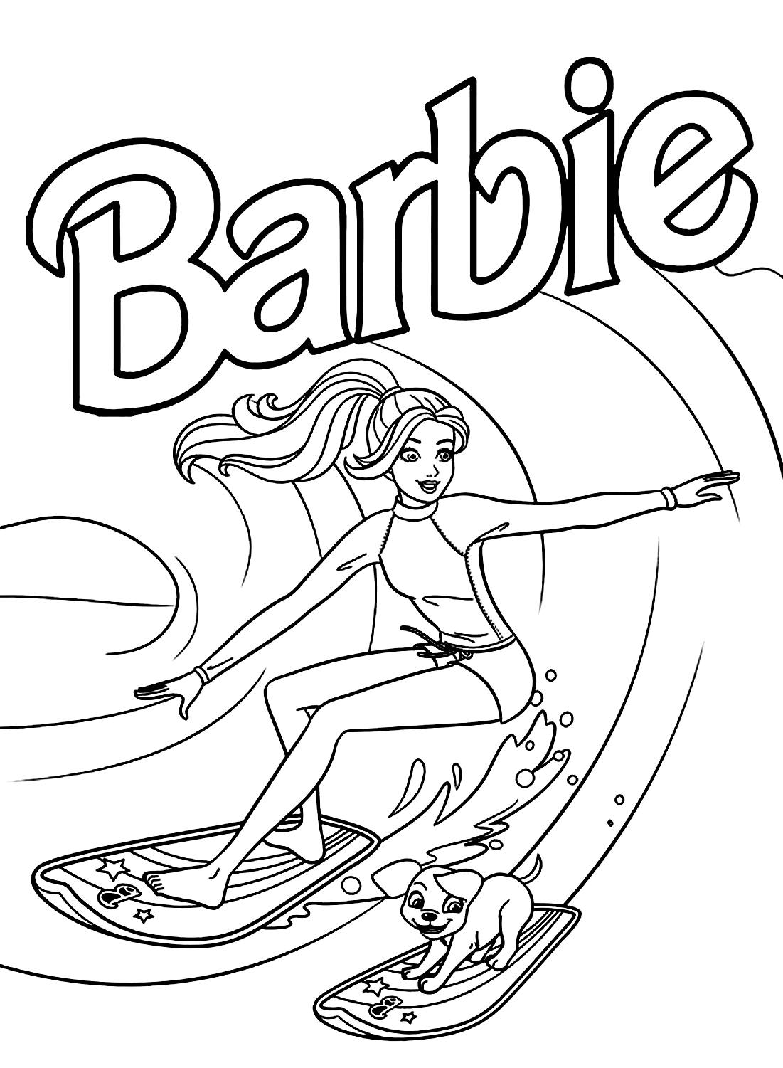 Цветная страница Барби, занимающаяся серфингом от Барби