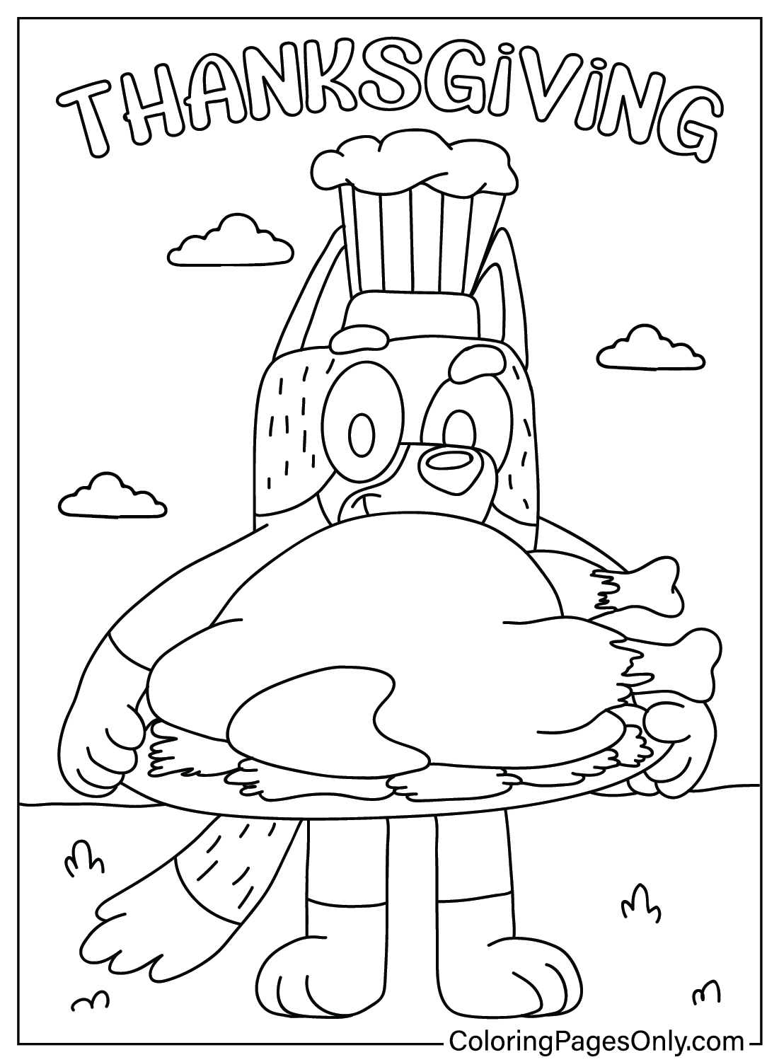 Página para colorir do Bluey de Ação de Graças do desenho animado de Ação de Graças