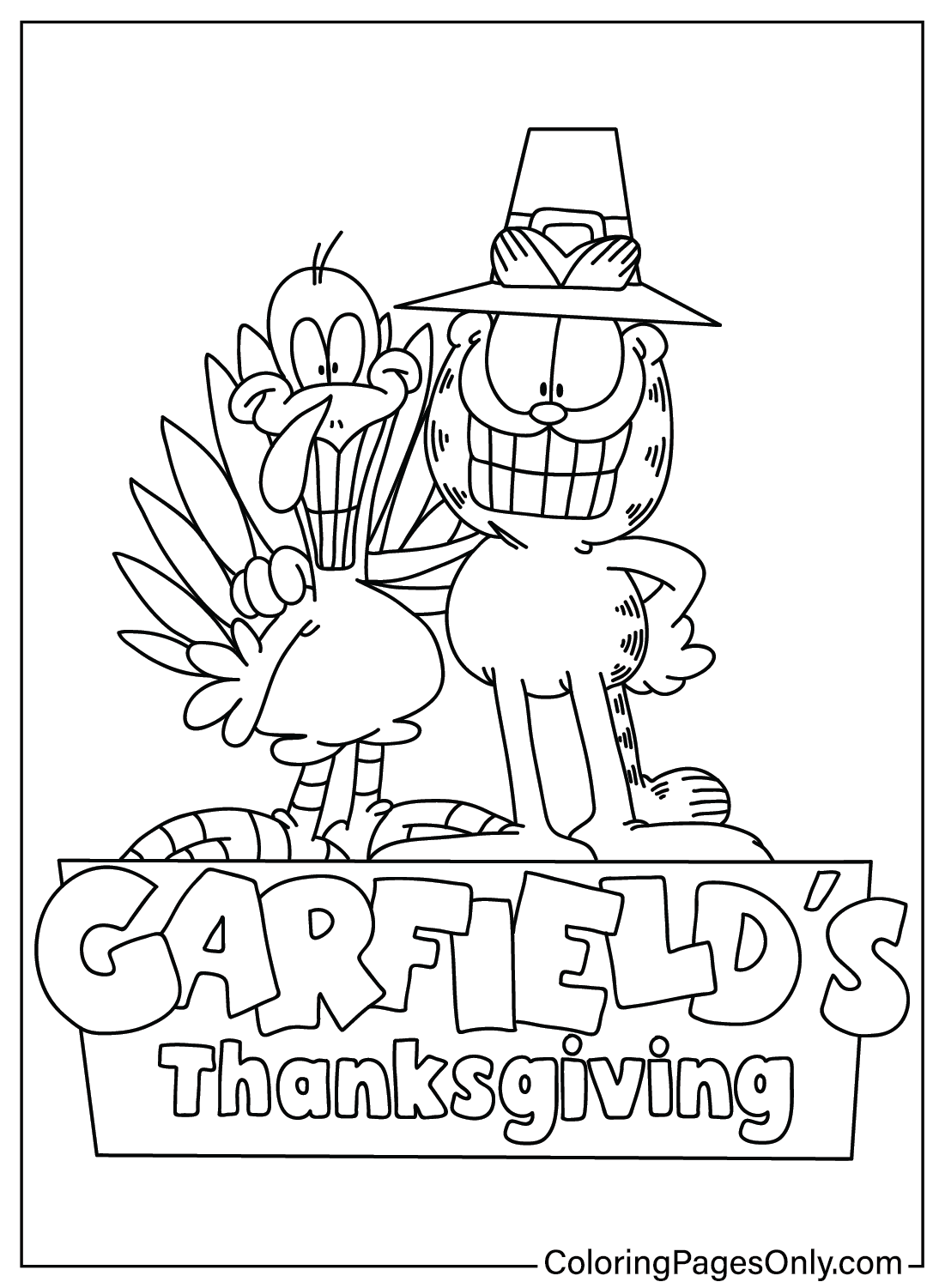 Página para colorir do Garfield de Ação de Graças do desenho animado de Ação de Graças