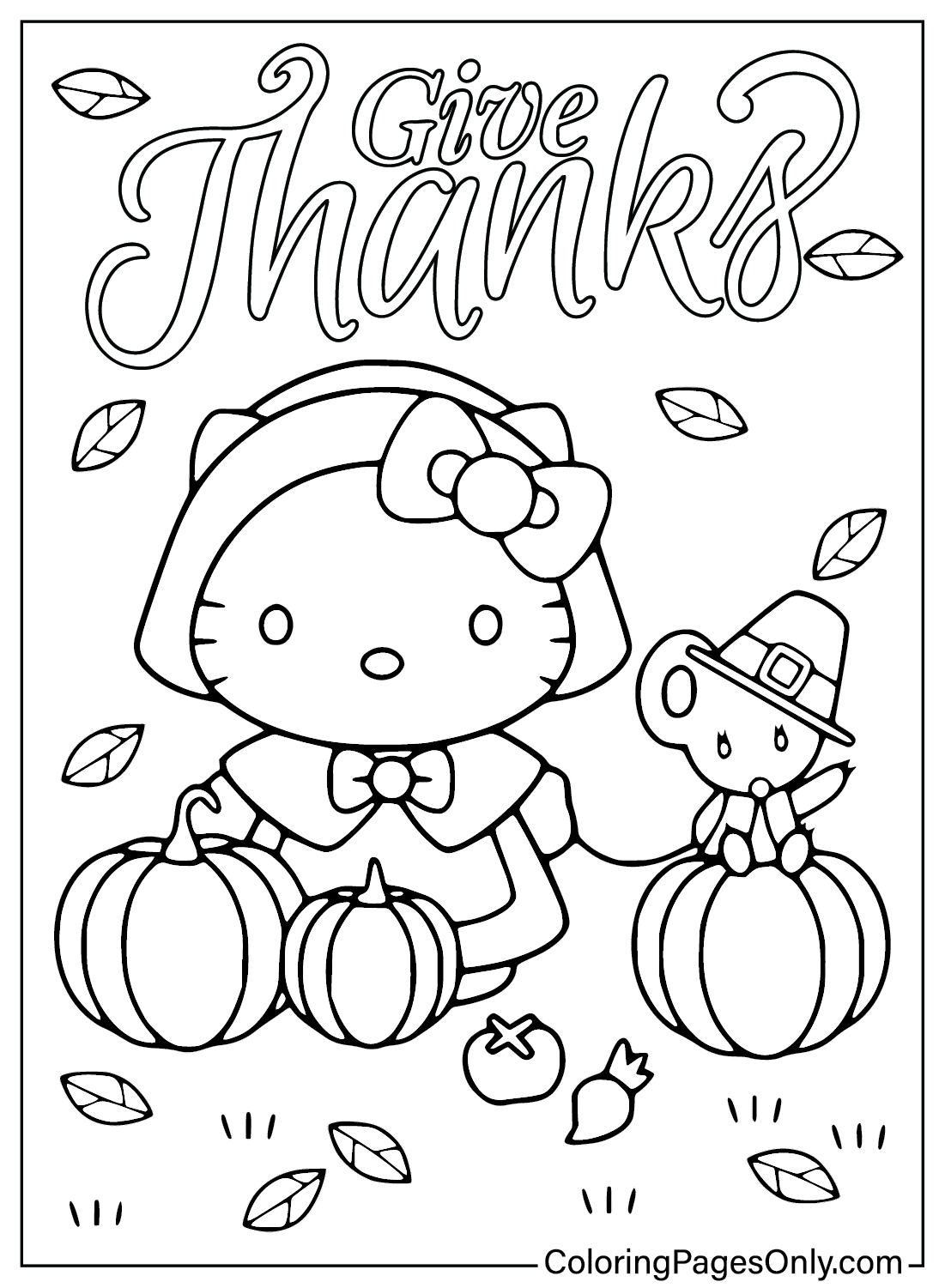Página para colorir da Hello Kitty de Ação de Graças do desenho animado de Ação de Graças