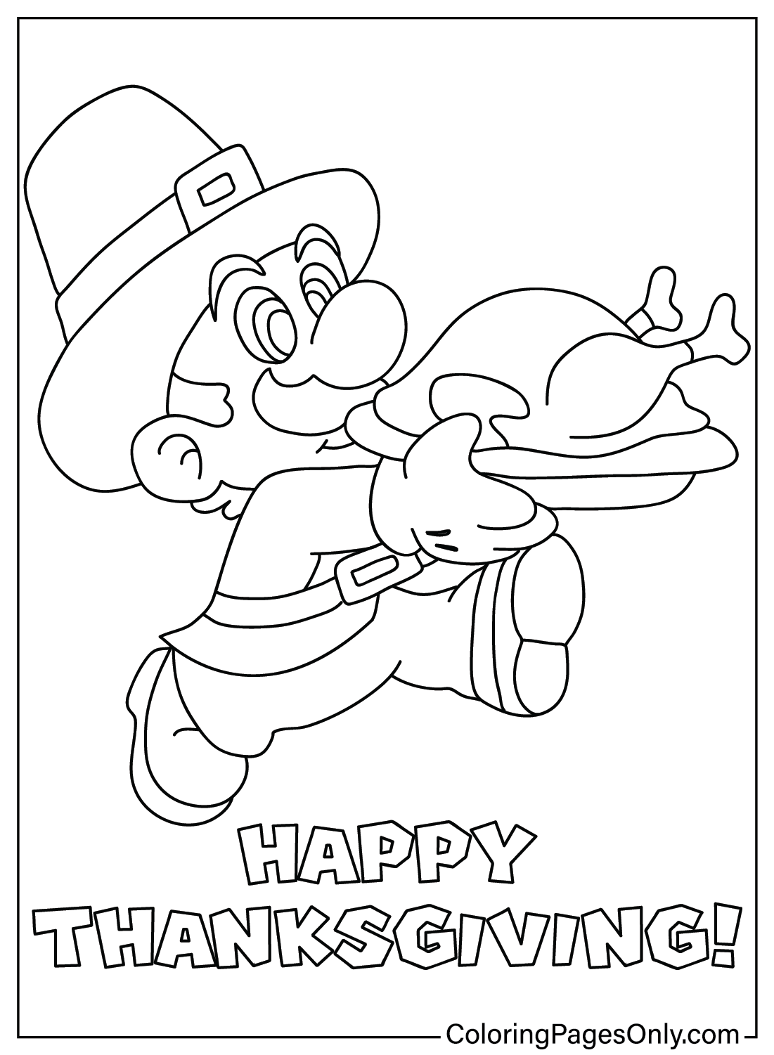 Página para colorir do Mario de Ação de Graças do desenho animado de Ação de Graças