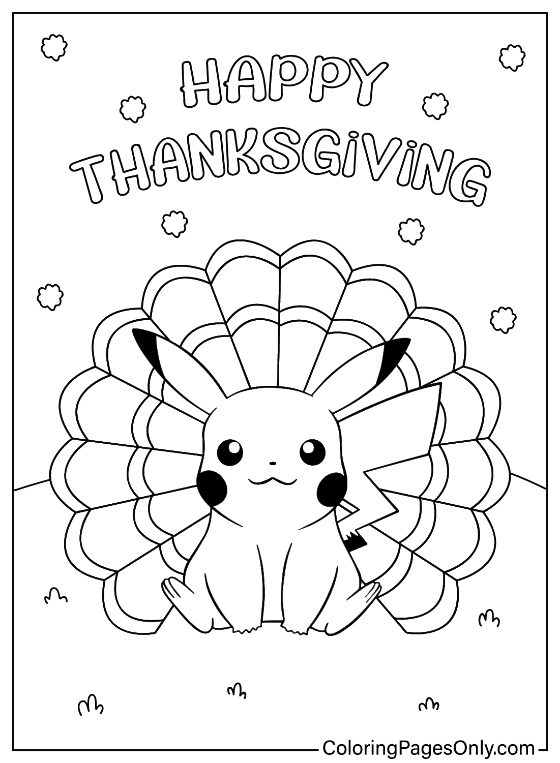 Página para colorear de Pikachu de Acción de Gracias de dibujos animados de Acción de Gracias