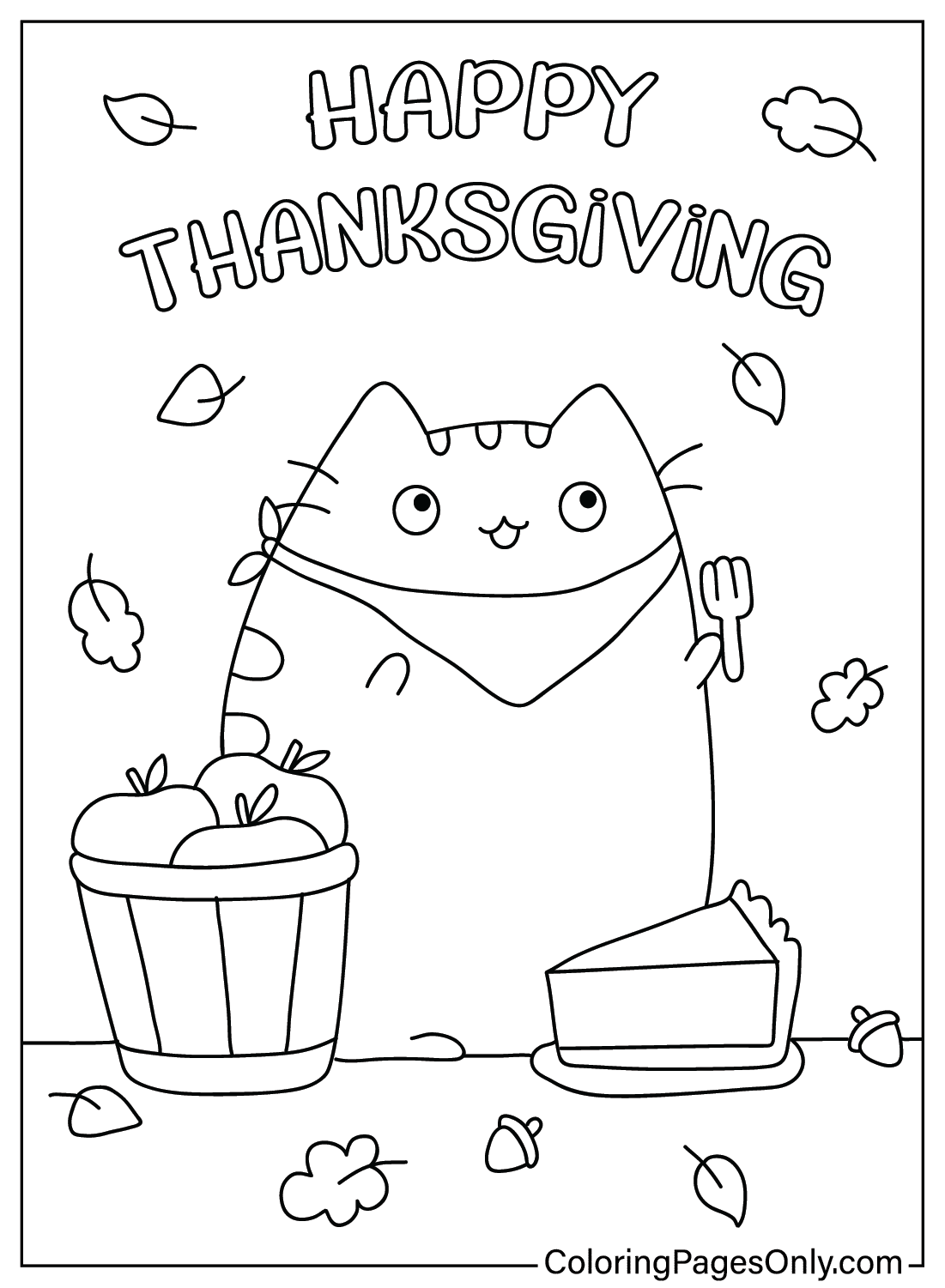 Página para colorear de Pusheen de Acción de Gracias de dibujos animados de Acción de Gracias