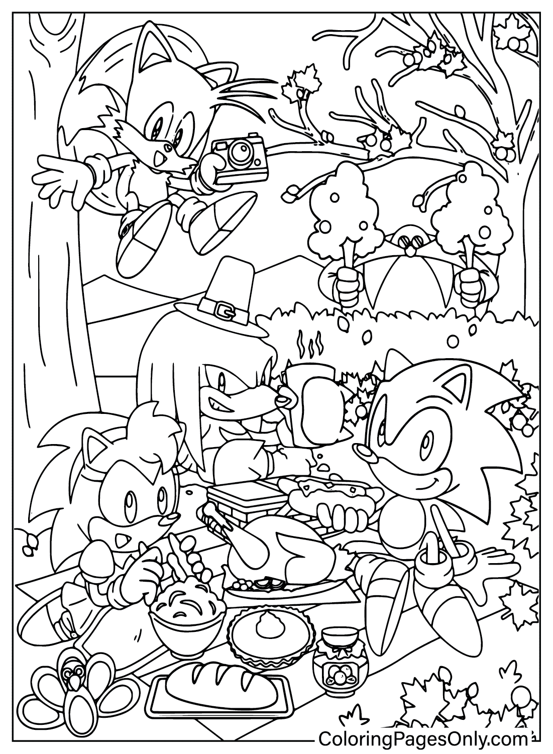 Página para colorir do Sonic de Ação de Graças do desenho animado de Ação de Graças