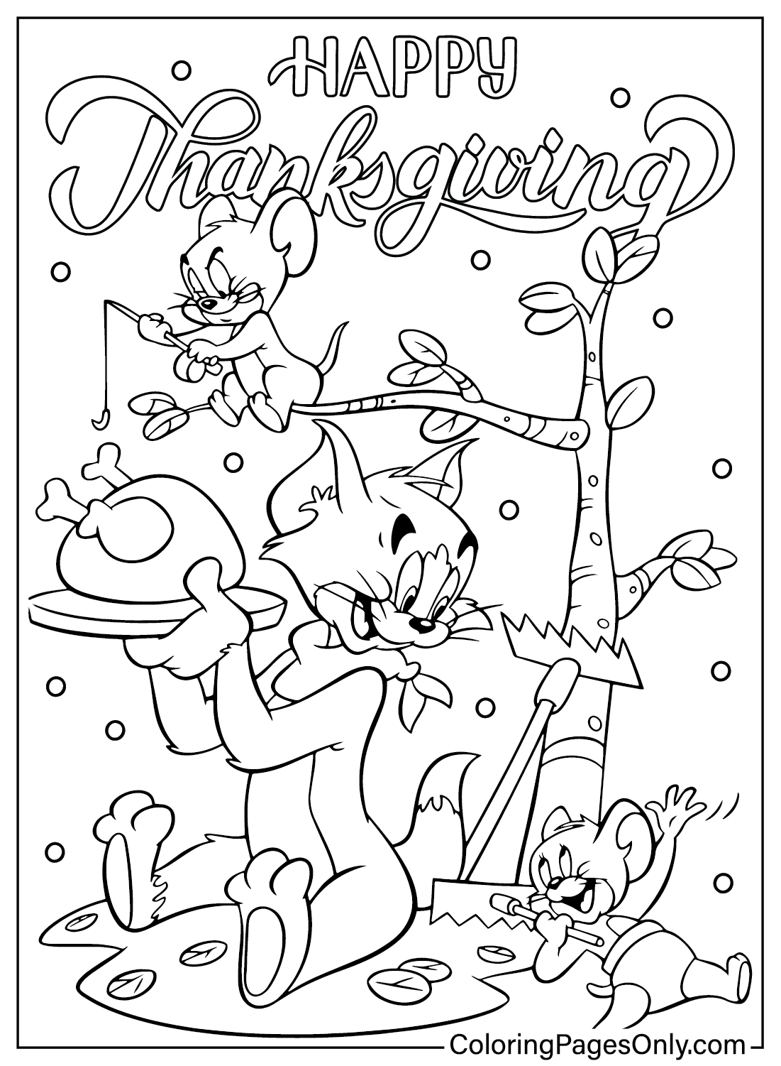 Página para colorear de Tom y Jerry de Acción de Gracias de dibujos animados de Acción de Gracias
