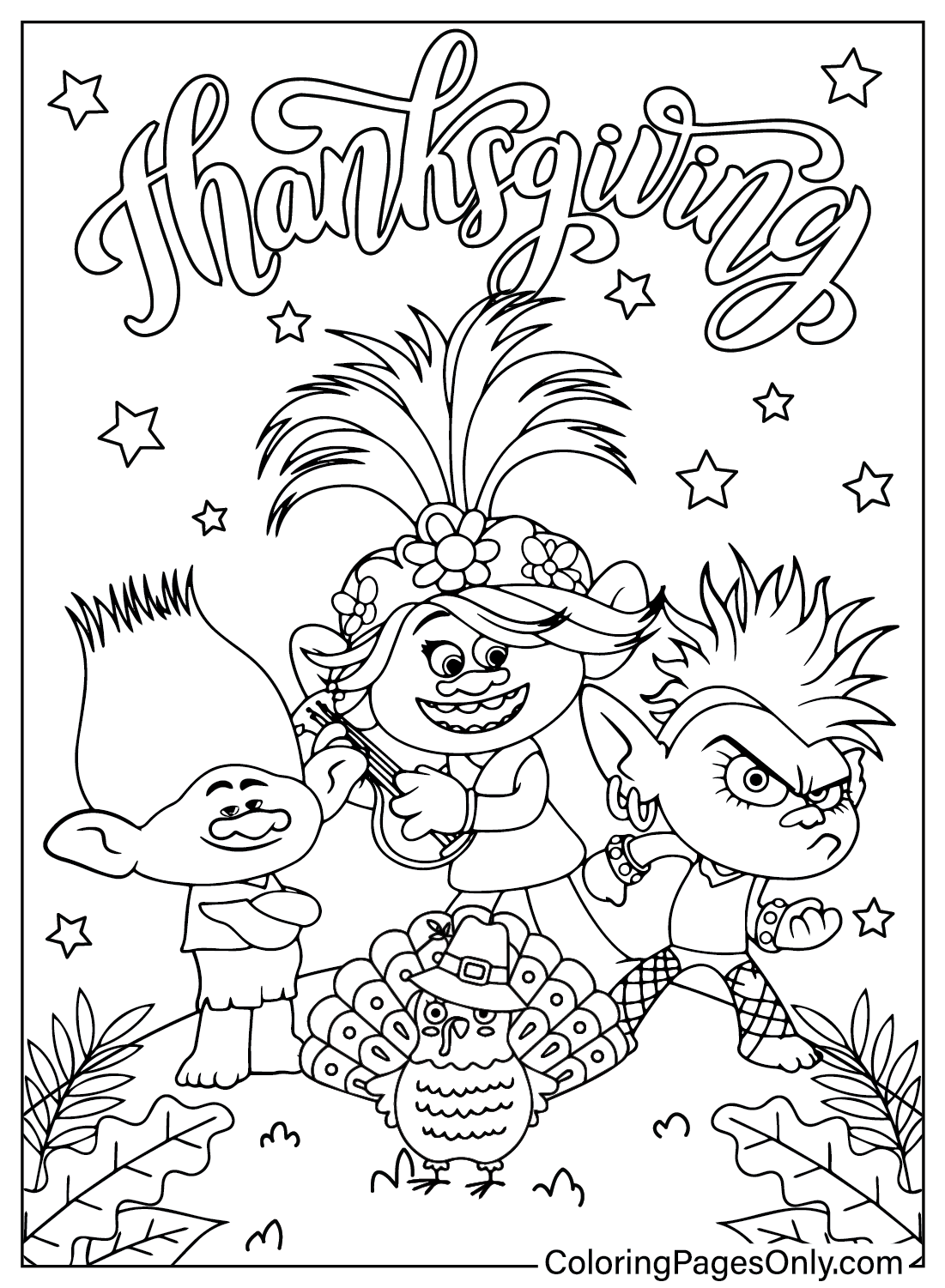 Página para colorear de Trolls de Acción de Gracias de dibujos animados de Acción de Gracias