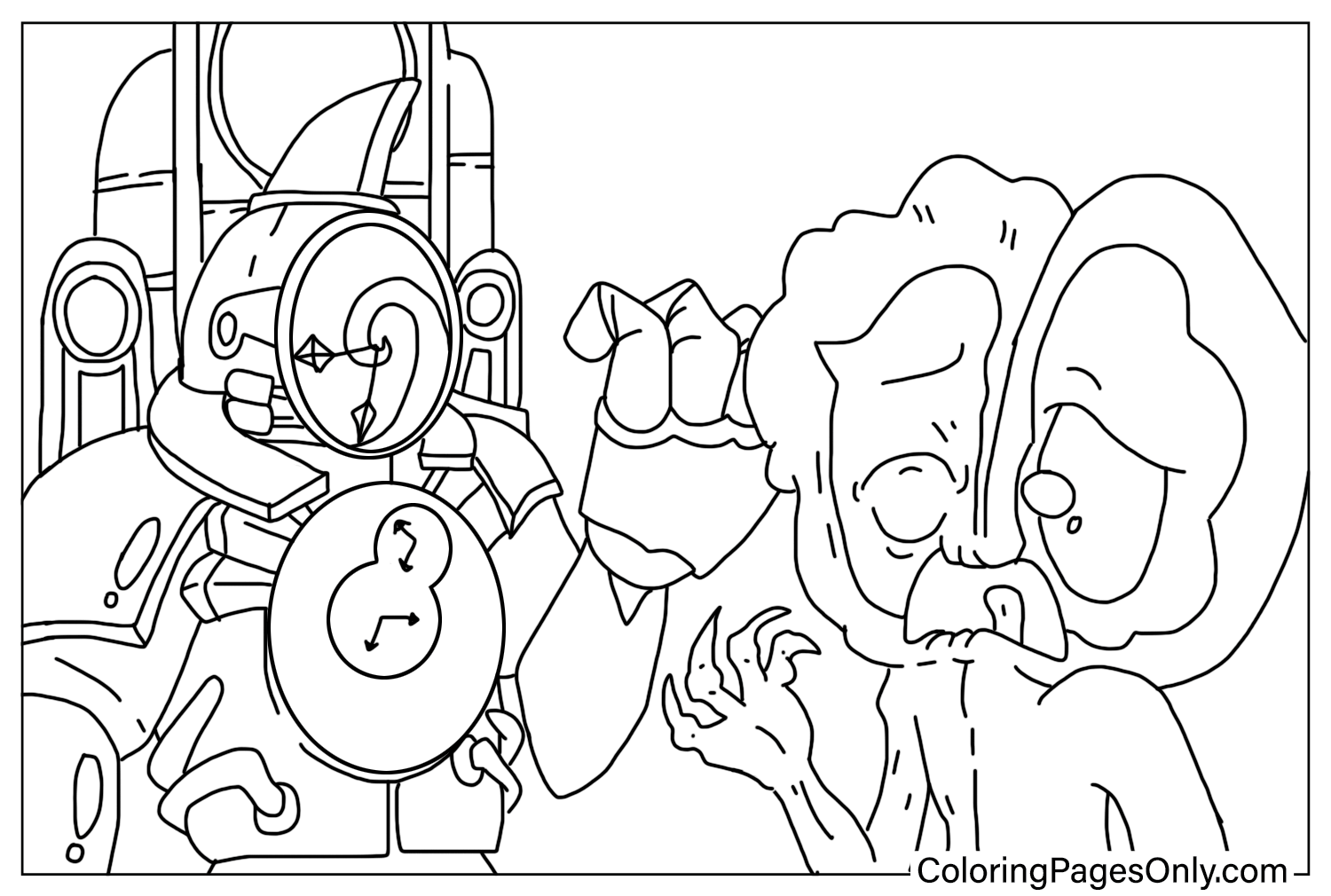 Titan ClockMan and Bittergiggle Coloring Page from Titan Clock Man