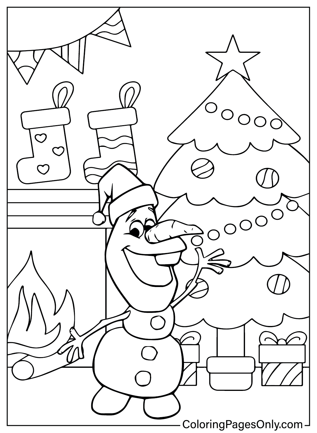 Página para colorir de boneco de neve e árvore de Natal