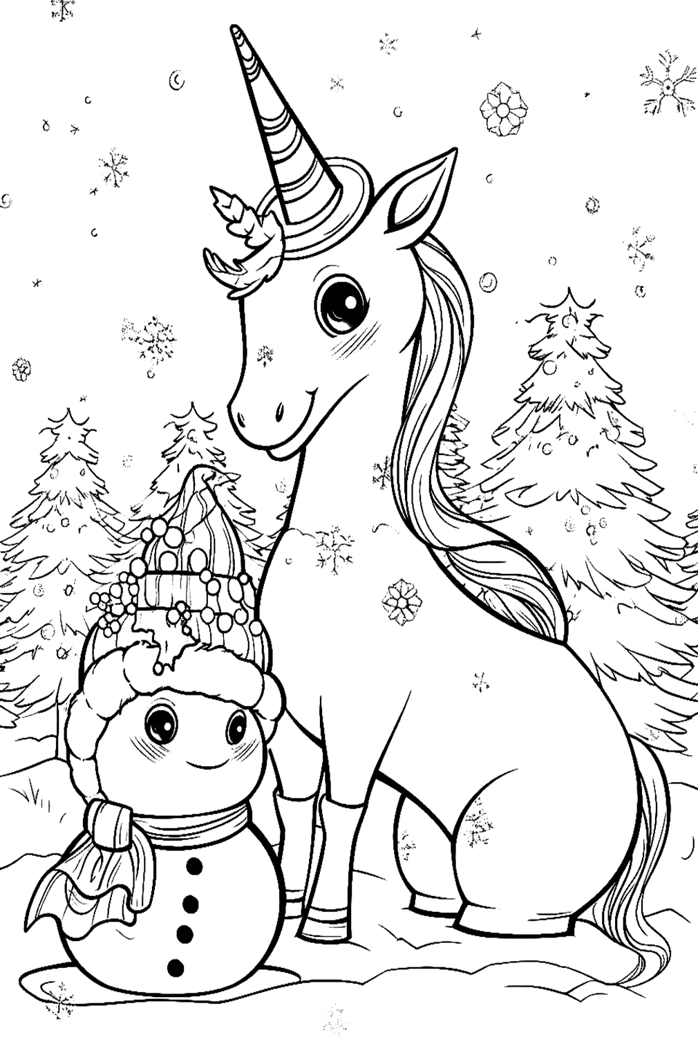Página para colorear de muñeco de nieve y unicornio de Snowman