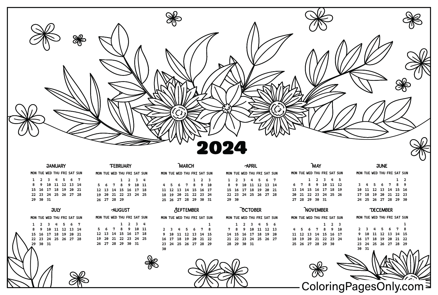 Раскраска Календарь на 2024 год из календаря 2024