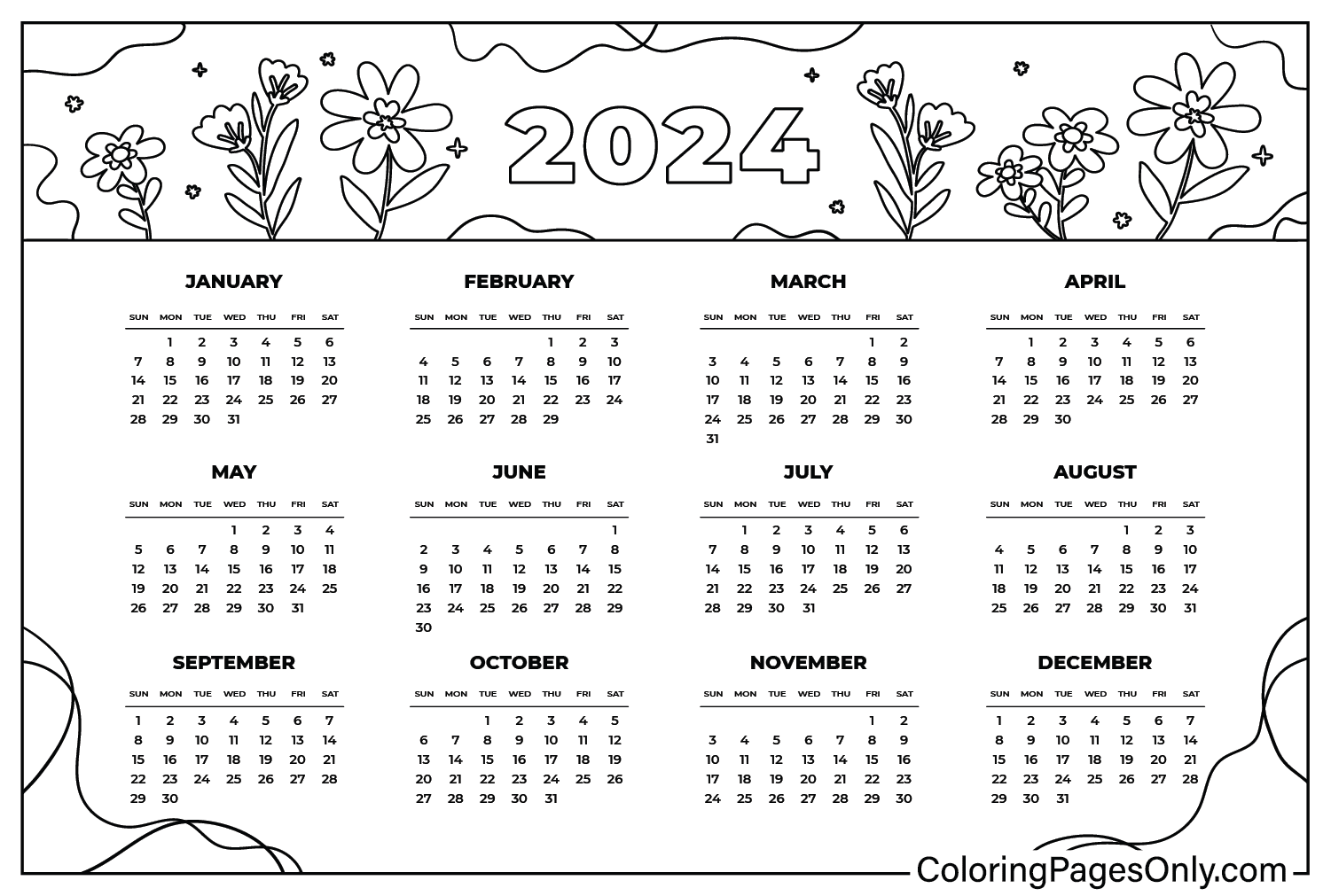 Coloriage pour adultes du calendrier 2024 du calendrier 2024