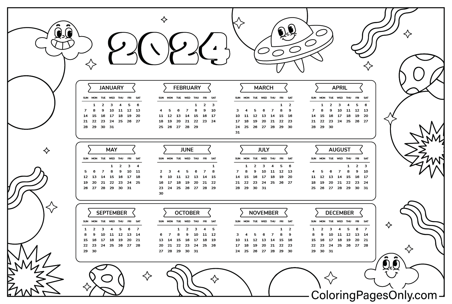 Kalender 2024 Kleurplaat Gratis printbaar vanaf Kalender 2024