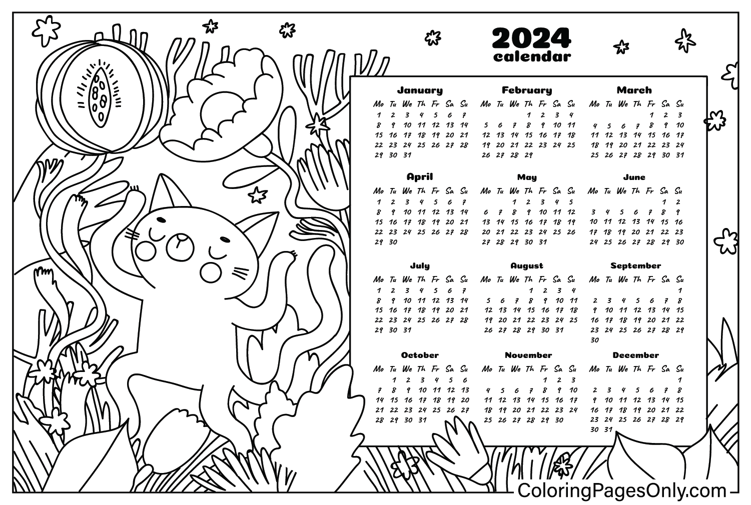 Раскраска Календарь 2024, которую можно распечатать из Календаря 2024