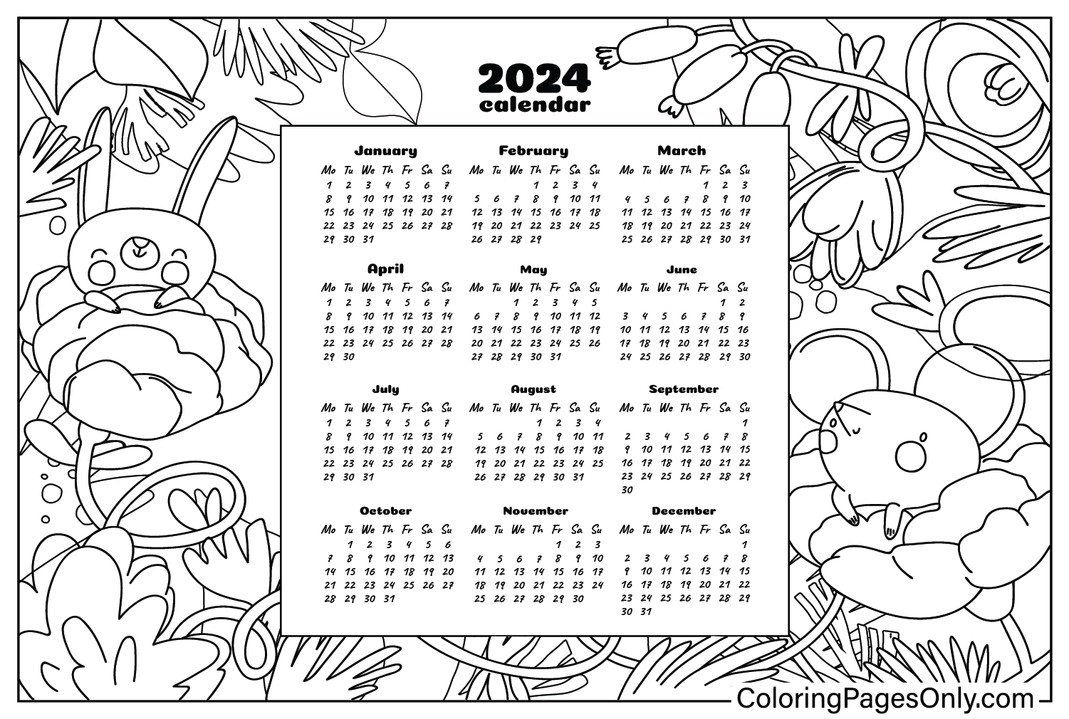 Calendar 2024 Coloring Page from