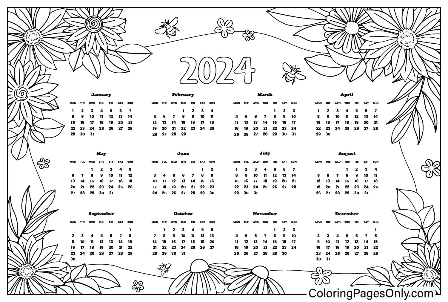 Coloriages du calendrier 2024 à imprimer à partir du calendrier 2024
