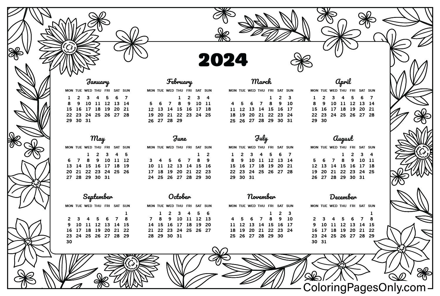 Календарь 2024 Бесплатная раскраска из Календаря 2024