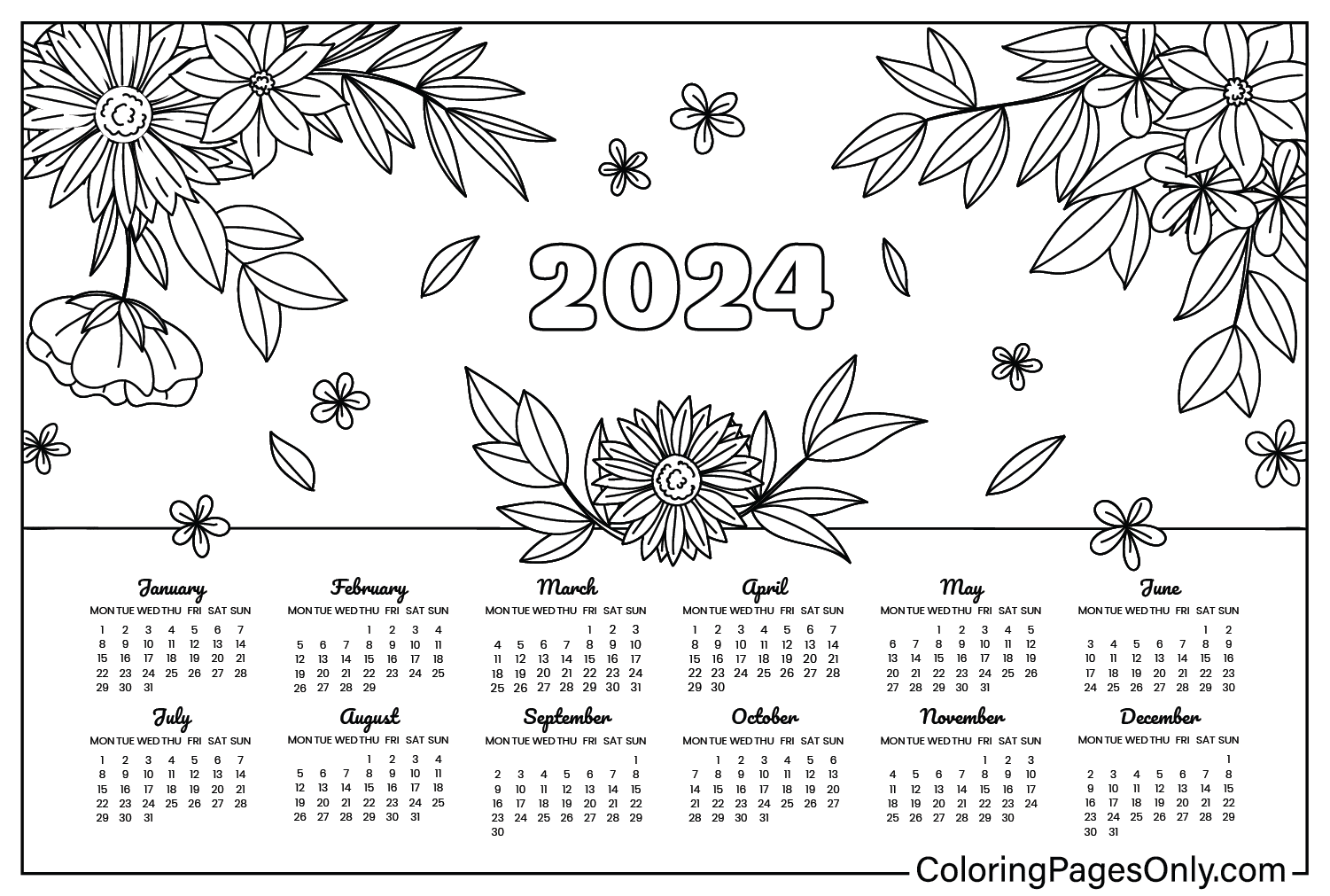 Calendrier 2024 Images à colorier du calendrier 2024