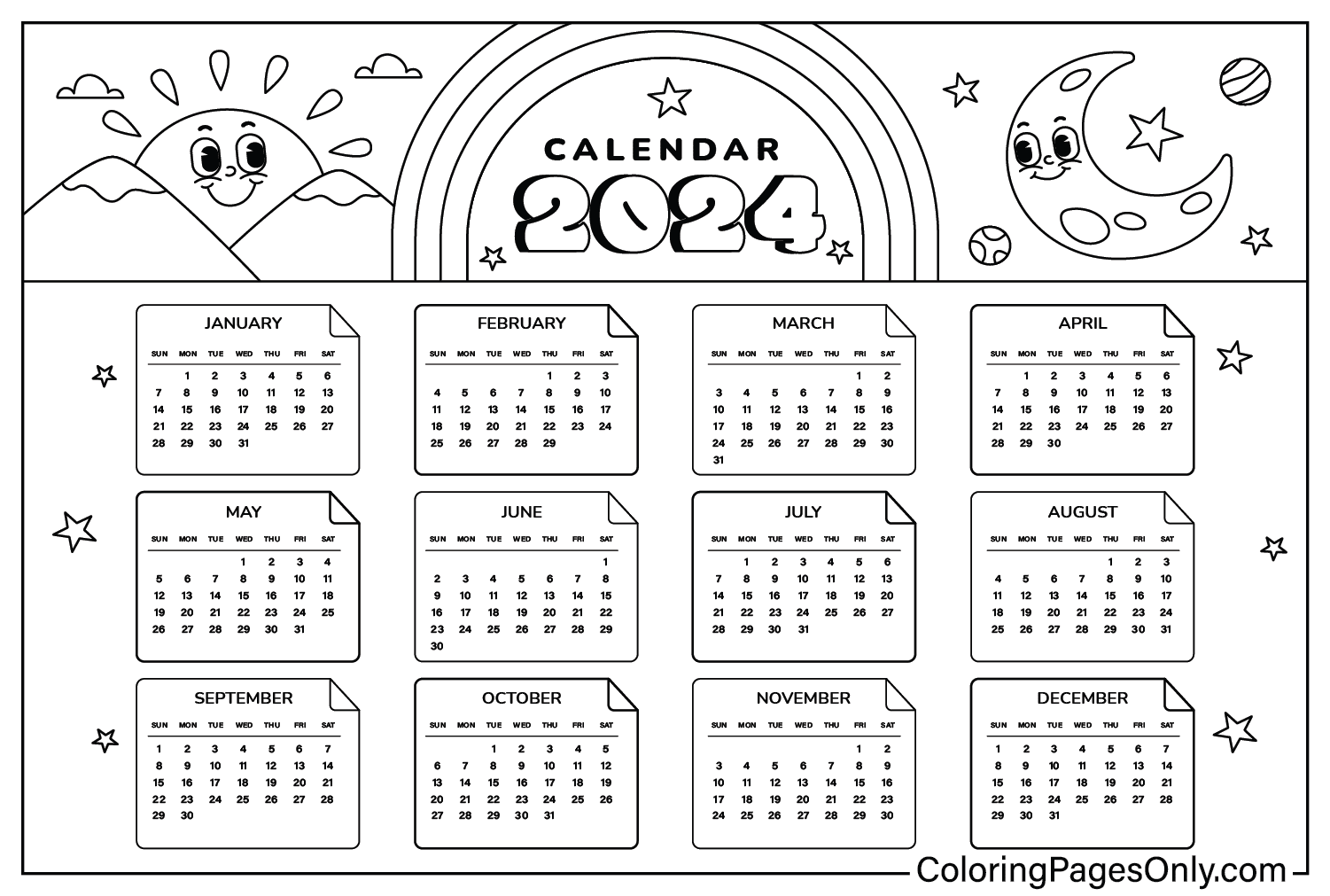 Calendar 2024 to Color Free Printable Coloring Pages