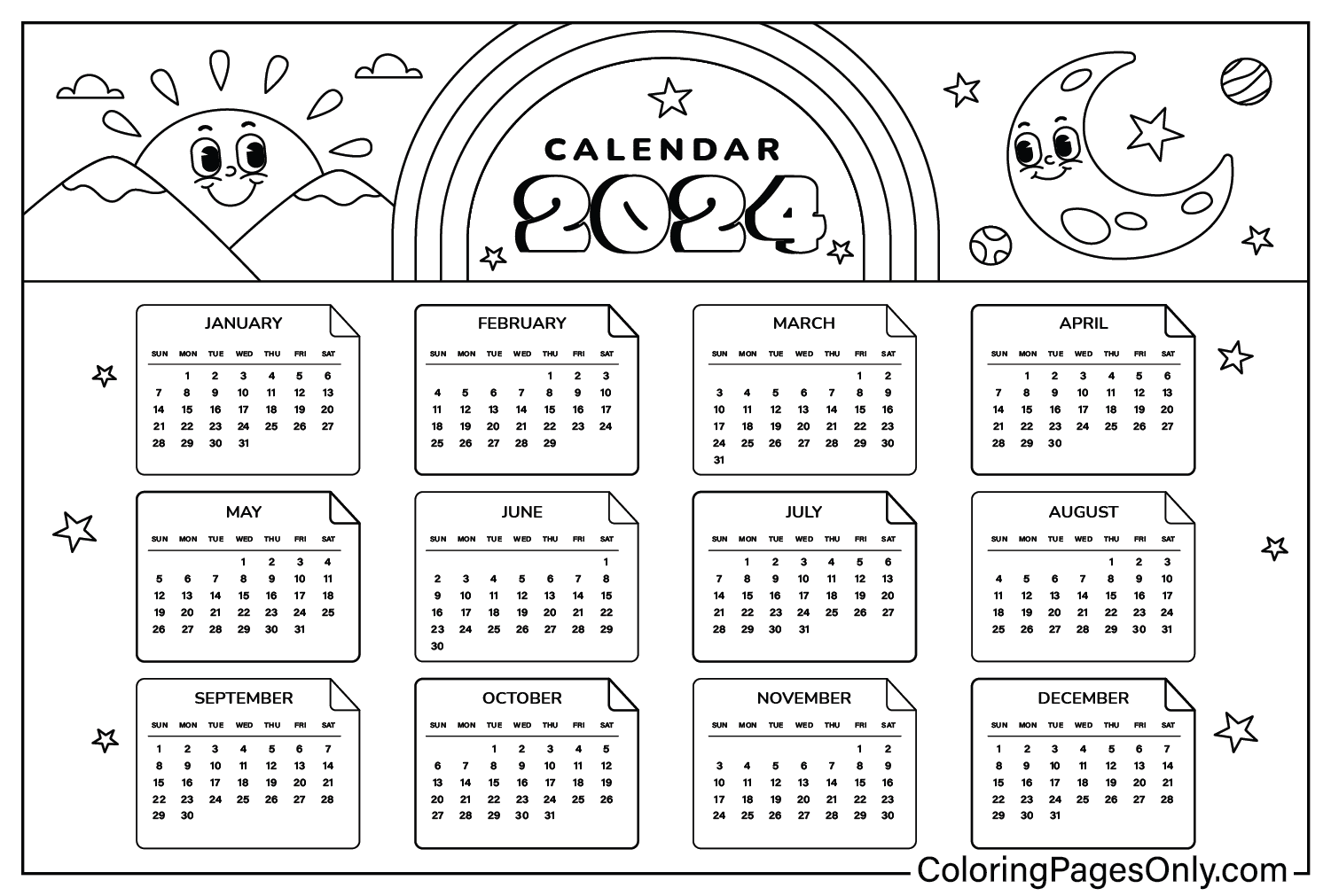 Calendar 2024 to Color - Free Printable Coloring Pages