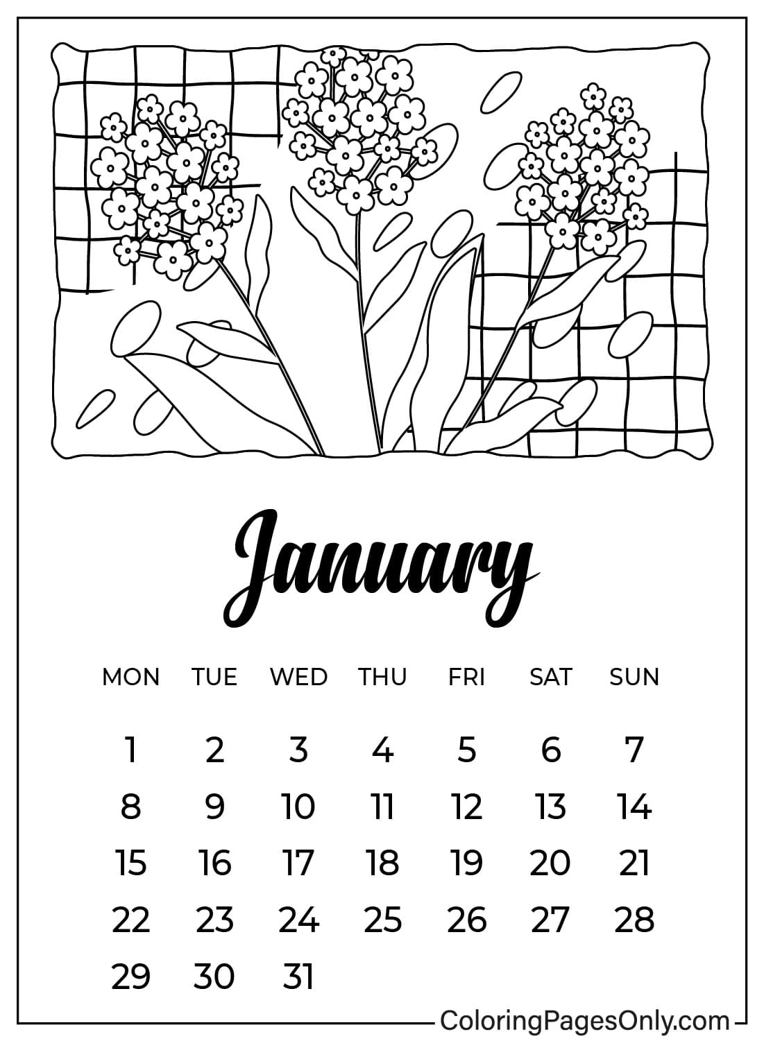 Coloriage du calendrier de janvier à partir de janvier 2024