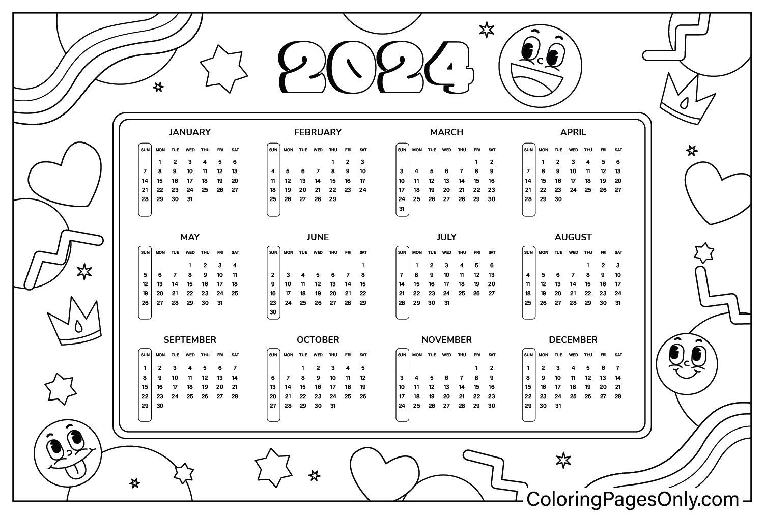 Color Page Calendar 2024 Free Printable Coloring Pages