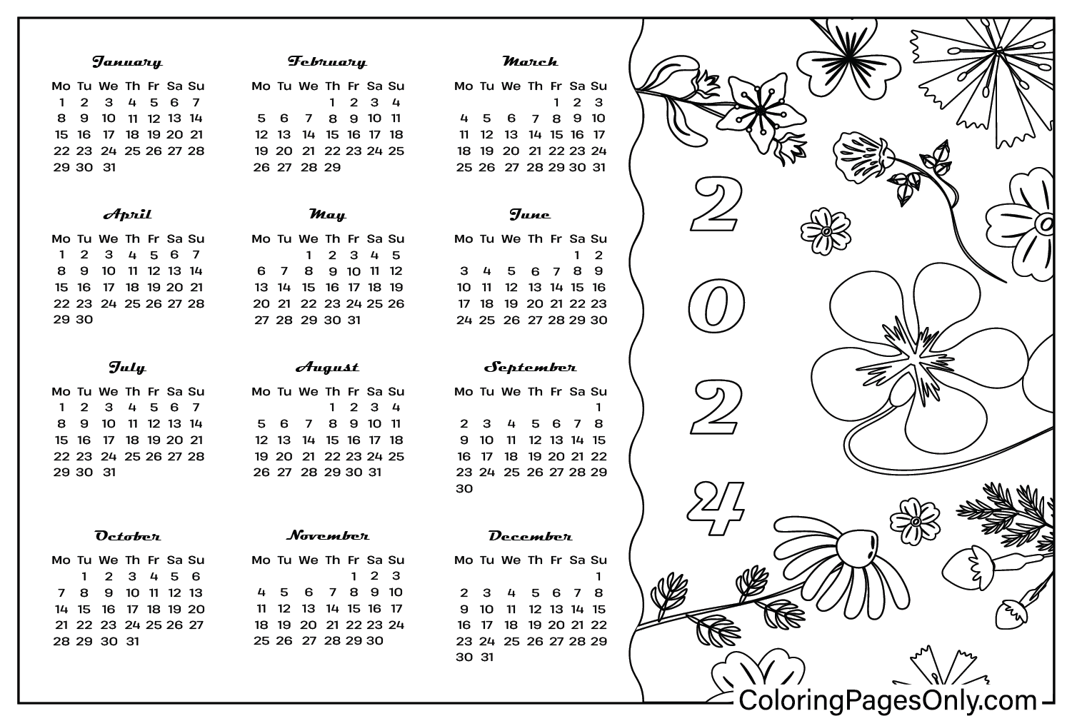 Бесплатная раскраска Календарь 2024 из Календаря 2024