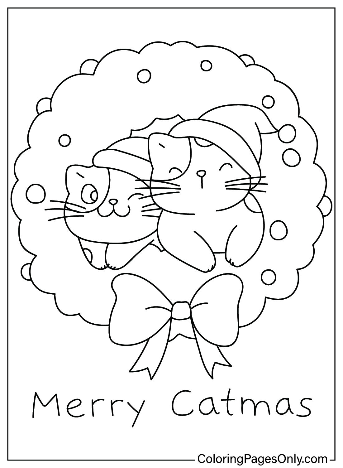 Free Christmas Wreath Cat Coloring Page