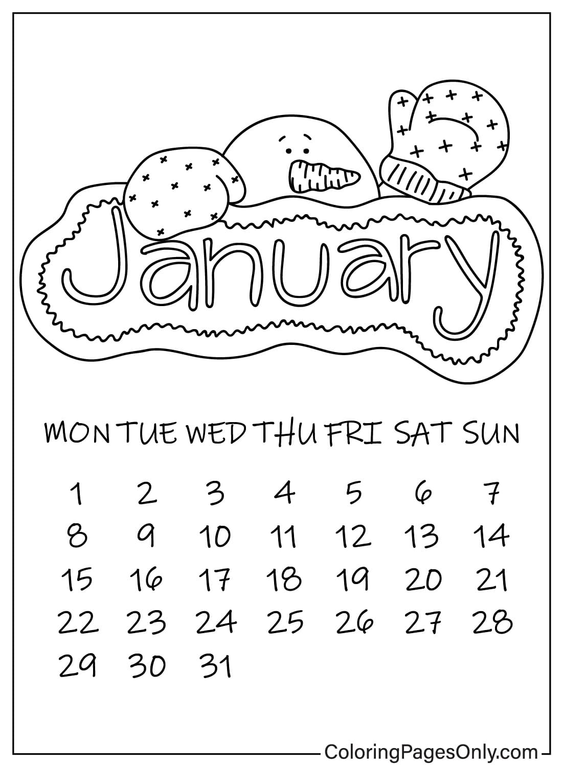 Página para colorir gratuita do calendário de janeiro de janeiro de 2024