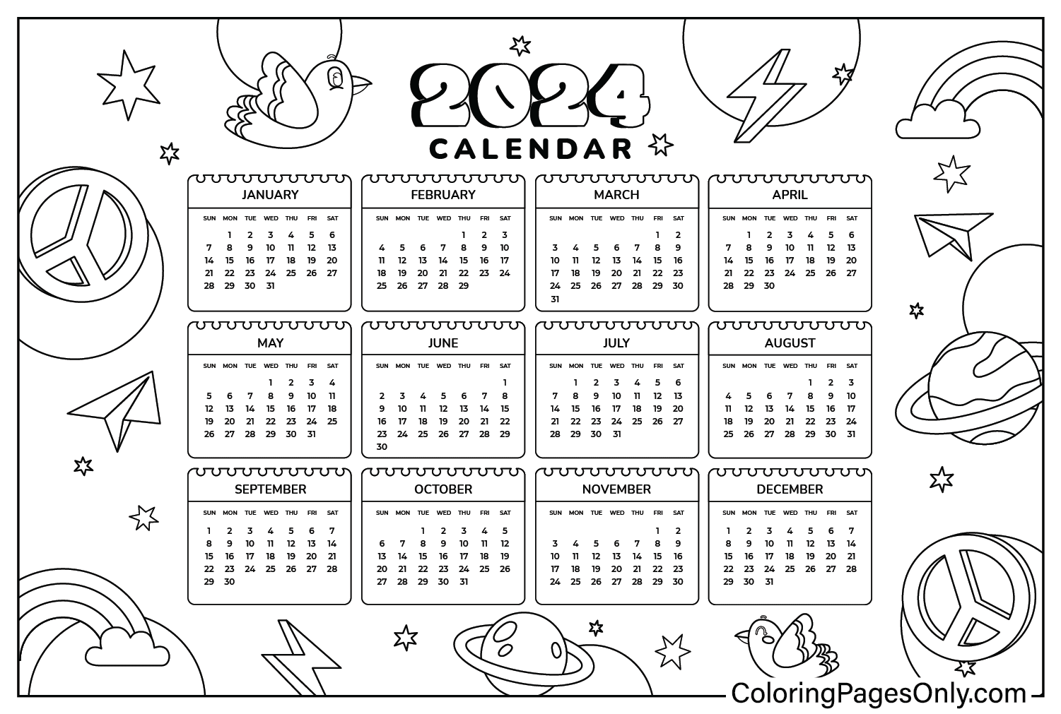 Free Printable Calendar 2024 Coloring Page from Nature & Seasons