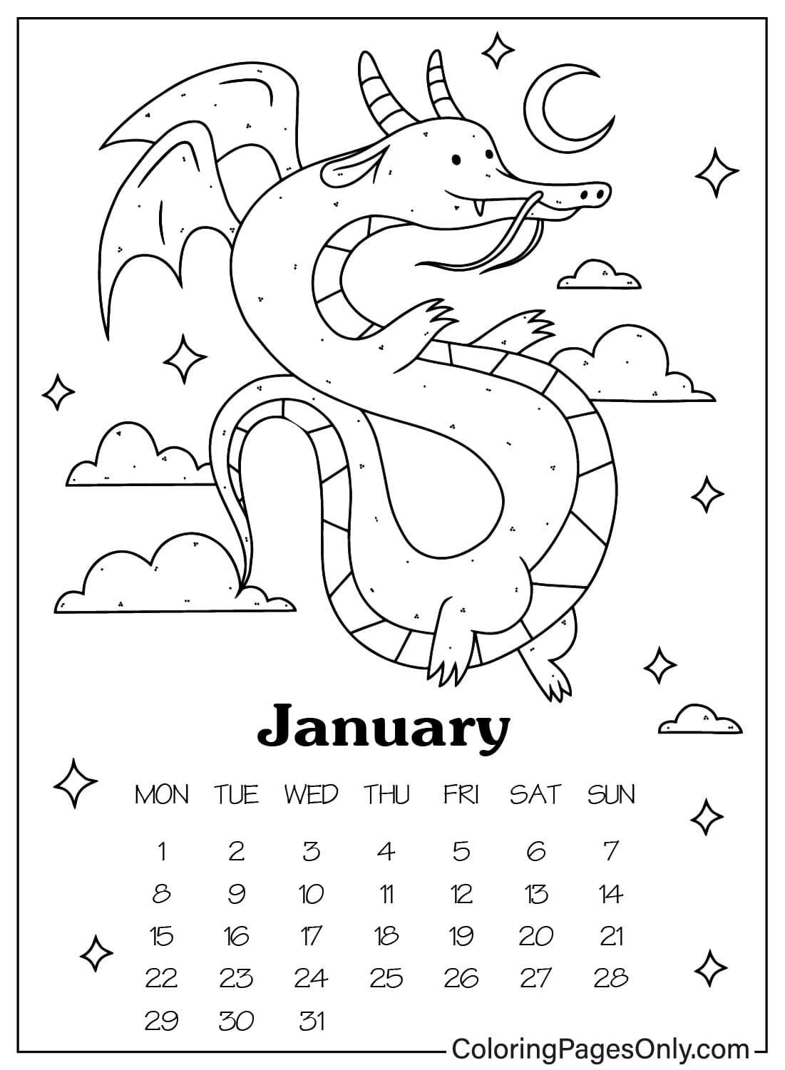 Página para colorir do calendário de janeiro grátis a partir de janeiro de 2024