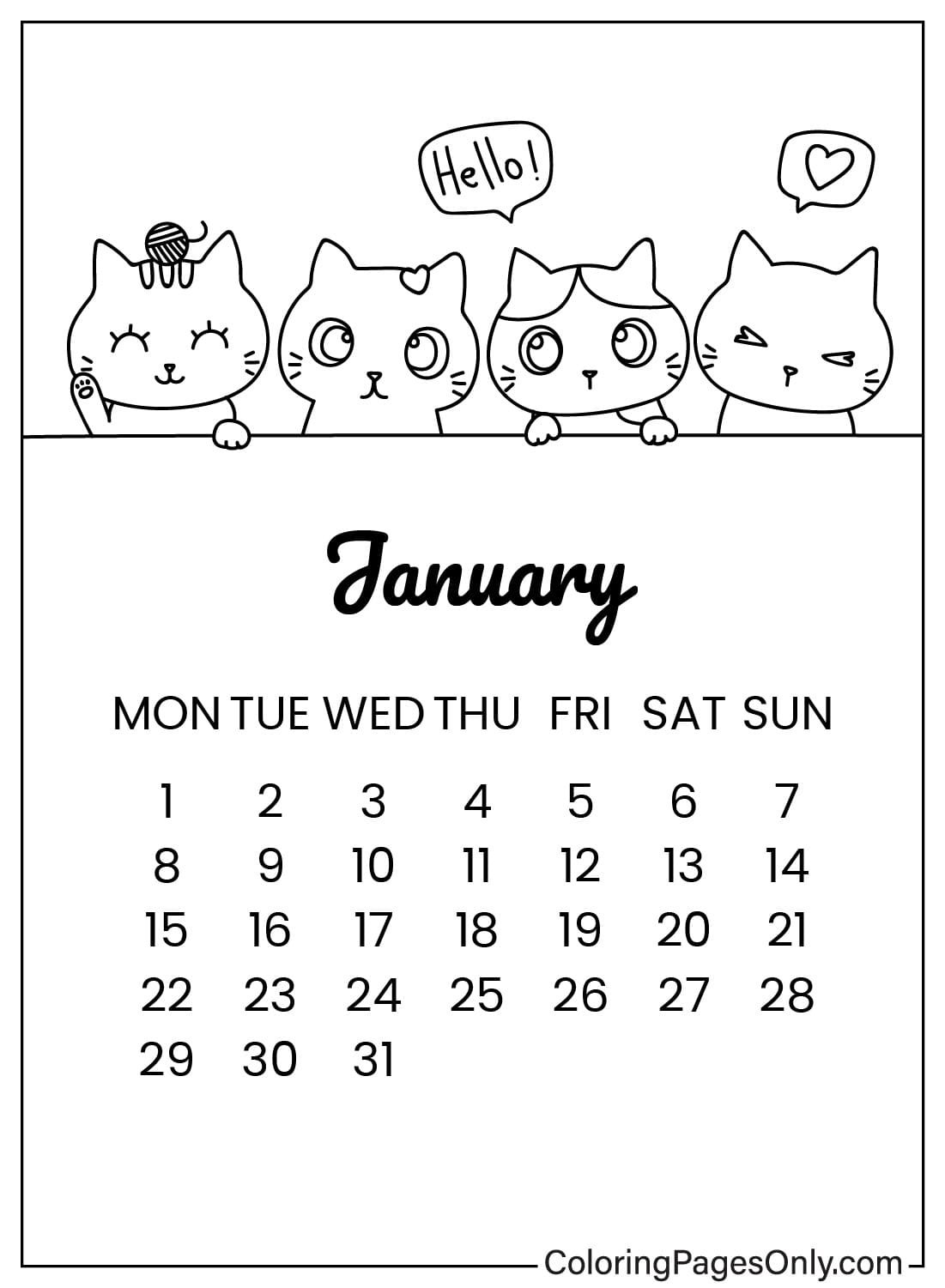 Pagina da colorare del calendario di gennaio da gennaio 2024