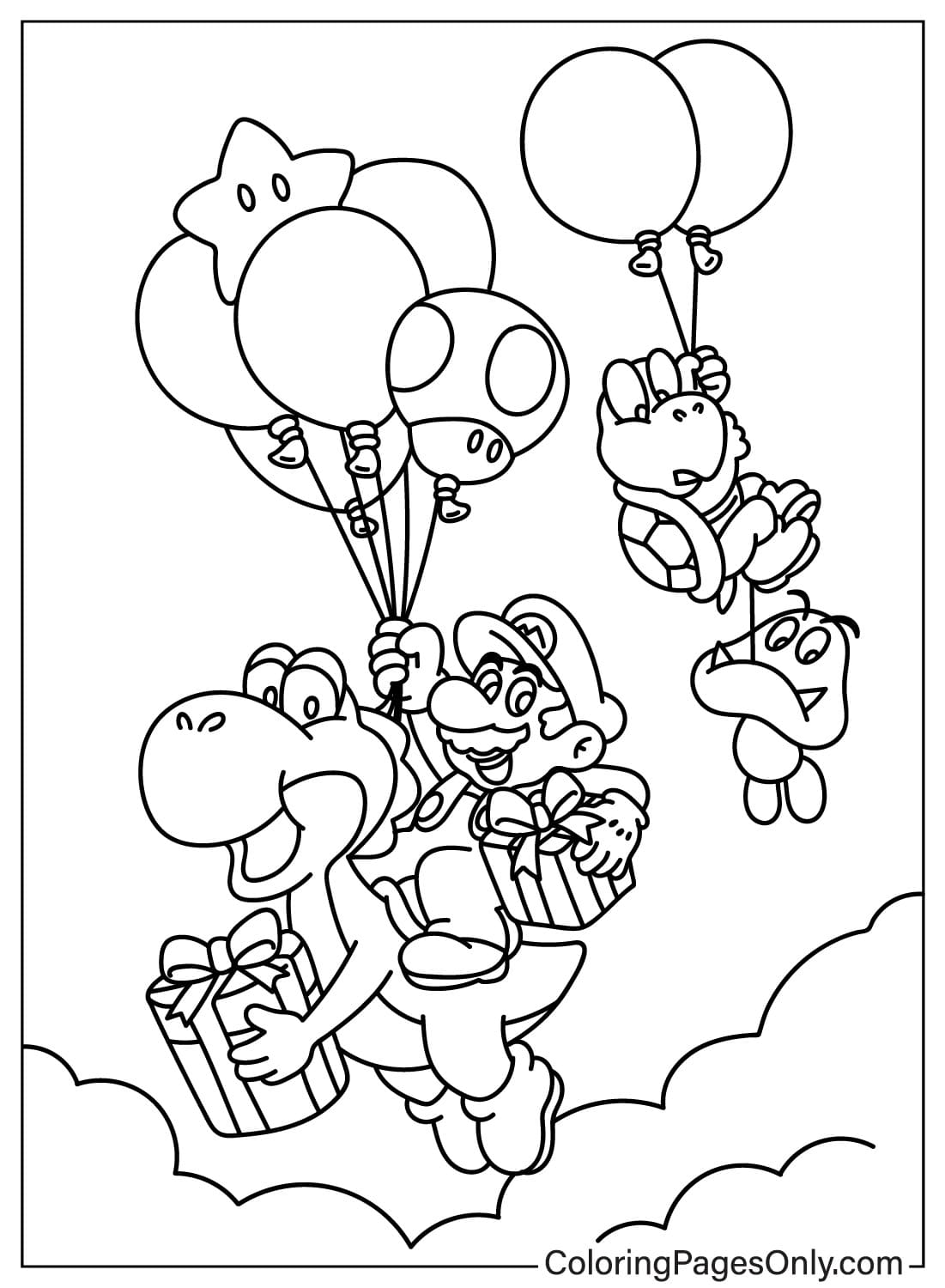 Pagina da colorare di Mario, Yoshi, Koopa Troopa e Goomba