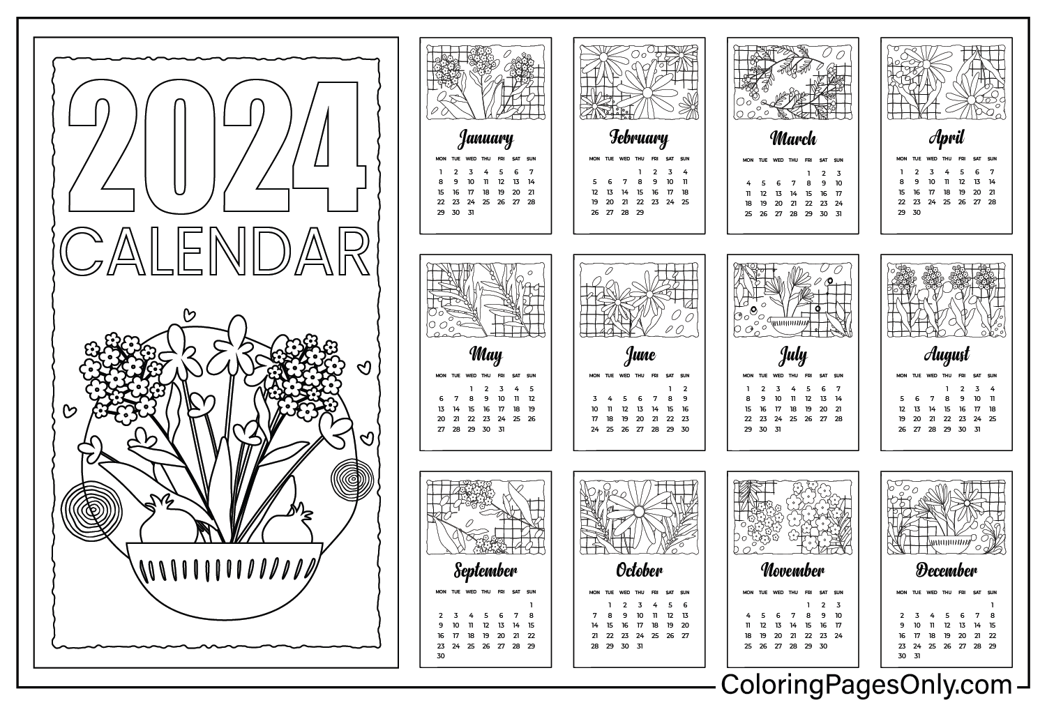 Coloriage du calendrier 2024 imprimable du calendrier 2024