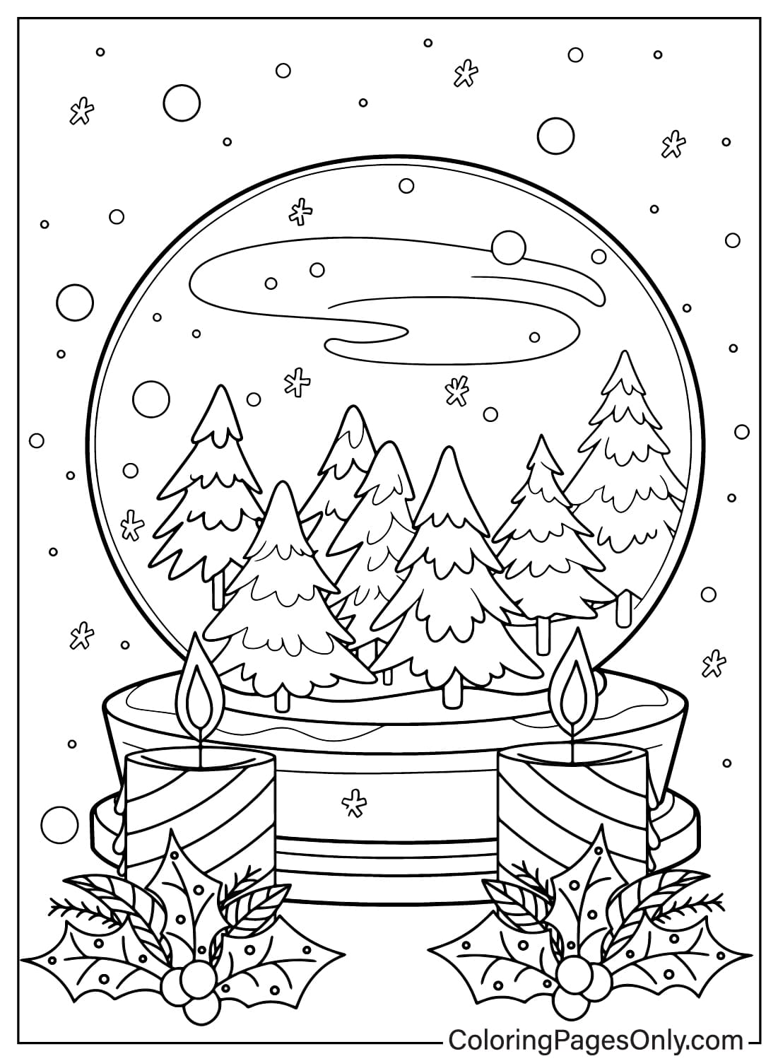 Página para colorir de globo de neve e velas de Natal do Snow Globe