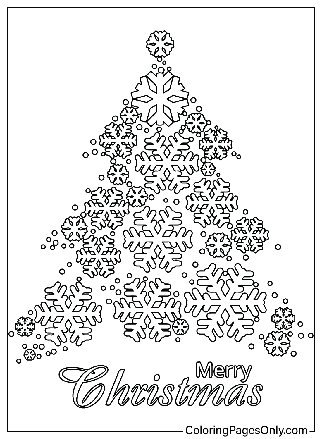 Página para colorir da árvore de Natal nevada do floco de neve