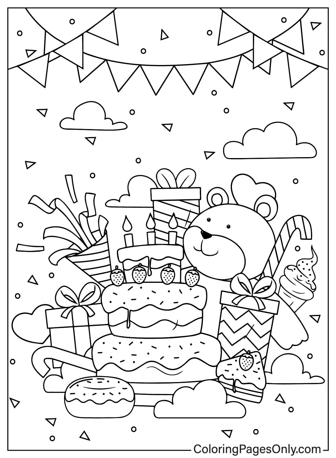 Раскраска с рисунком торта ко дню рождения из торта ко дню рождения